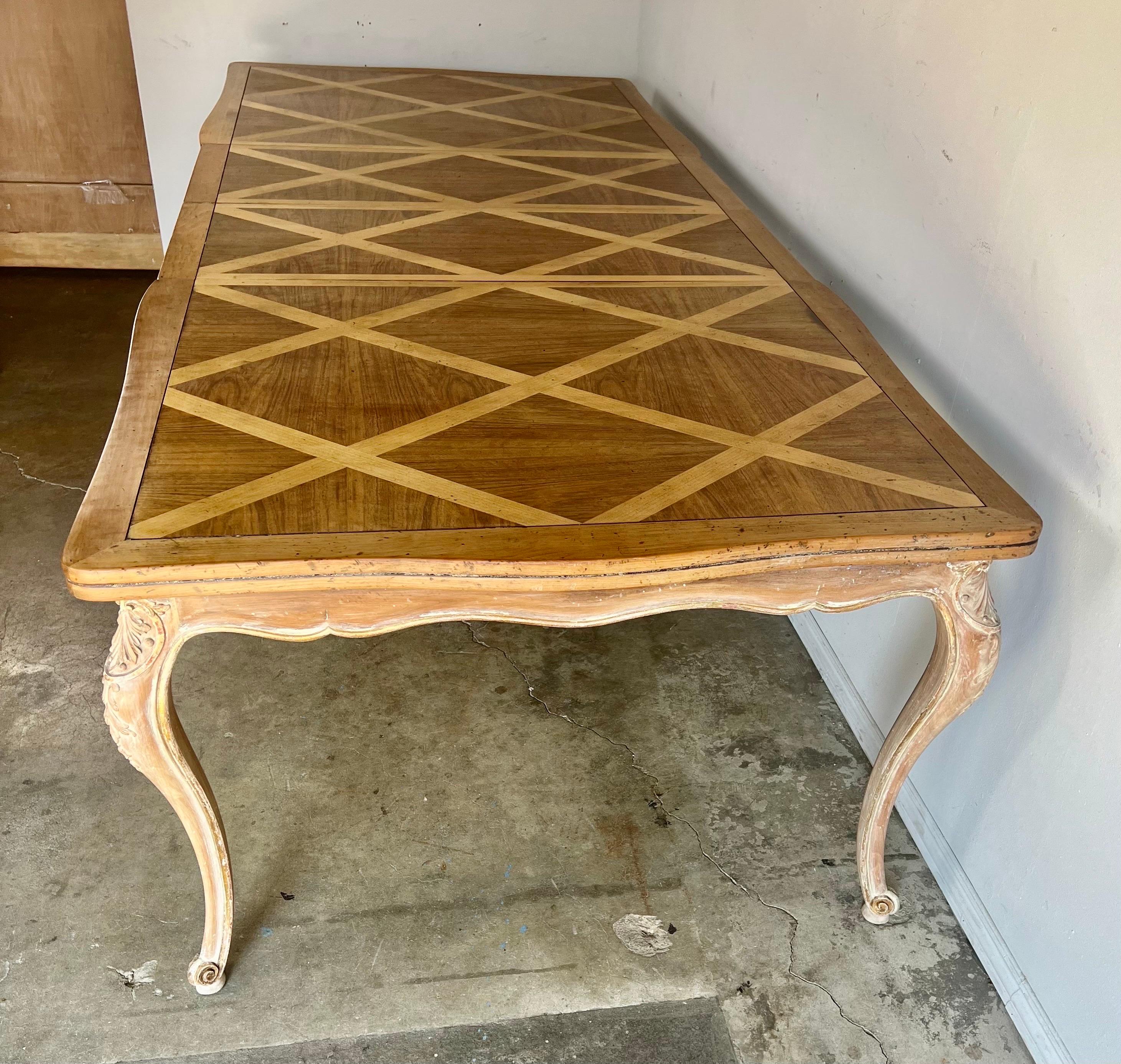 Walnut French Inlaid Dining Table w/ Two Leaves