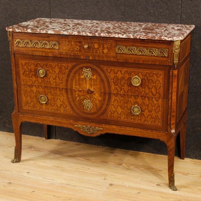 French Inlaid Dresser with Marble Top from 20th Century For Sale at 1stDibs
