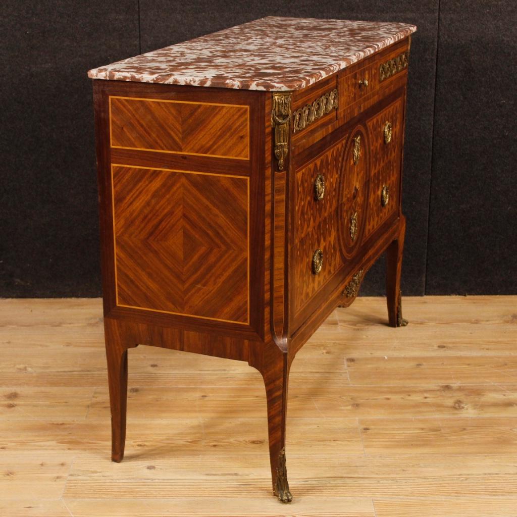 Bronze French Inlaid Dresser with Marble Top from 20th Century