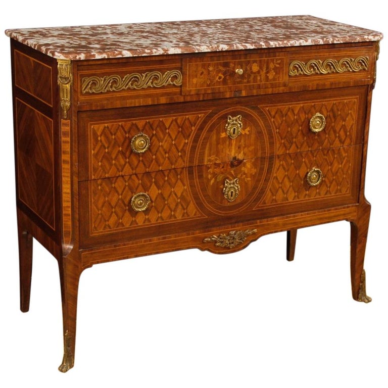 French Inlaid Dresser with Marble Top from 20th Century For Sale at 1stDibs