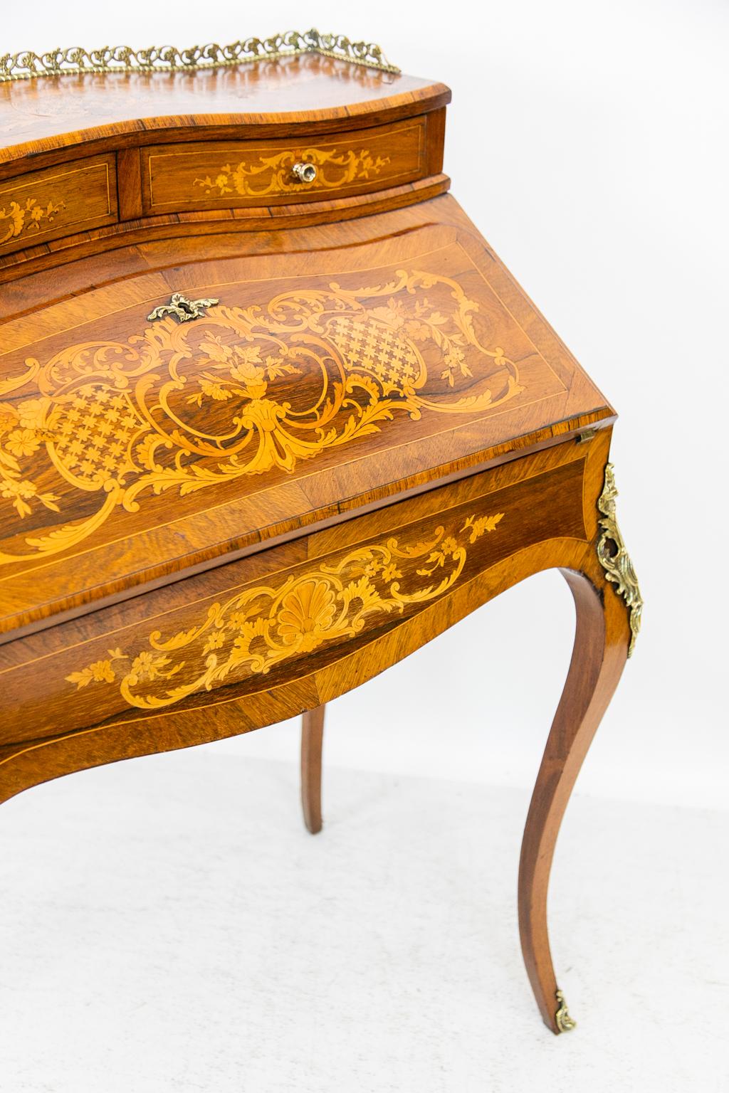 Brass French Inlaid Ladies Desk For Sale