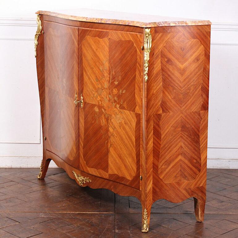 20th Century French Inlaid Louis XV Style Marble Top Cabinet 