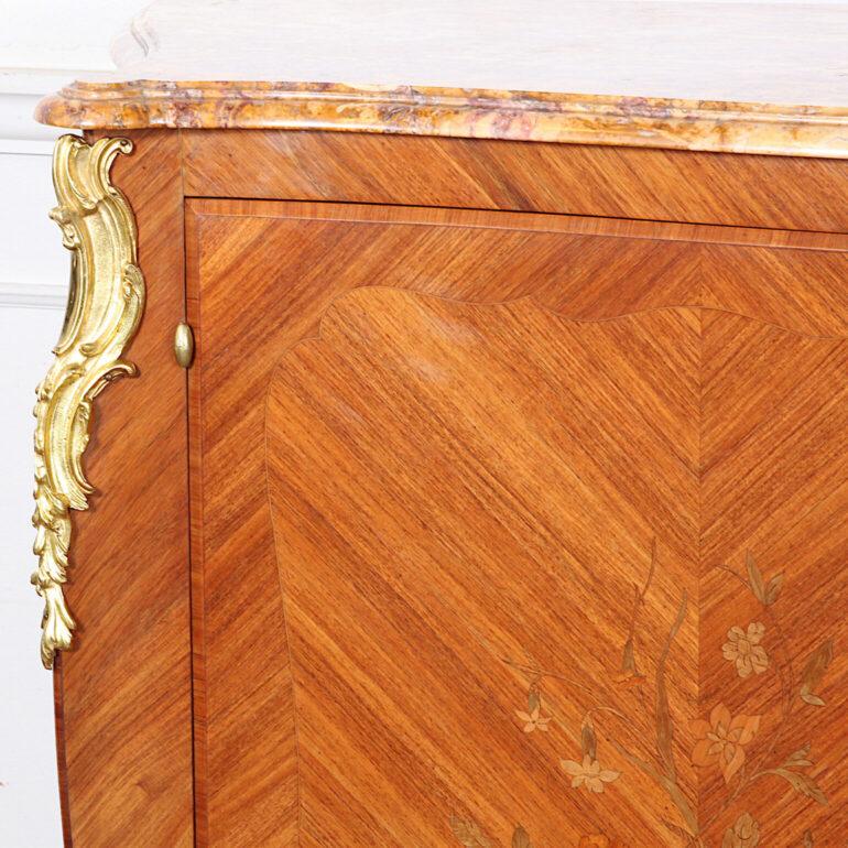 Walnut French Inlaid Louis XV Style Marble Top Cabinet 