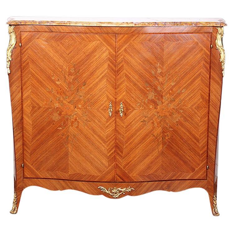 French Inlaid Louis XV Style Marble Top Cabinet 