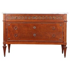 French Inlaid Louis XVI Style Marble Top Commode with Ormolu Mounts French Inlaid Louis XVI Style Marble Top Commode with Ormolu Mounts