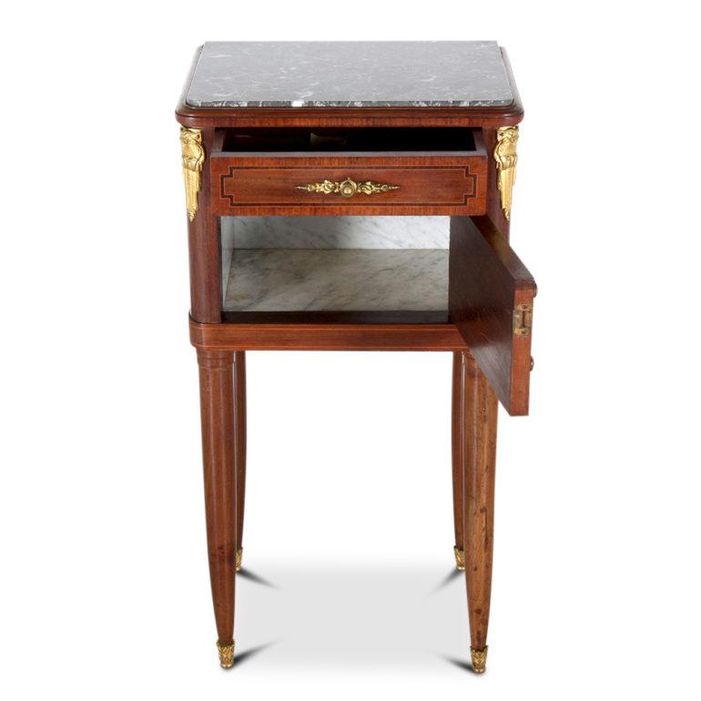 French Inlaid Mahogany Marble-Top Louis XVI-Style Nightstand In Good Condition In Vancouver, British Columbia