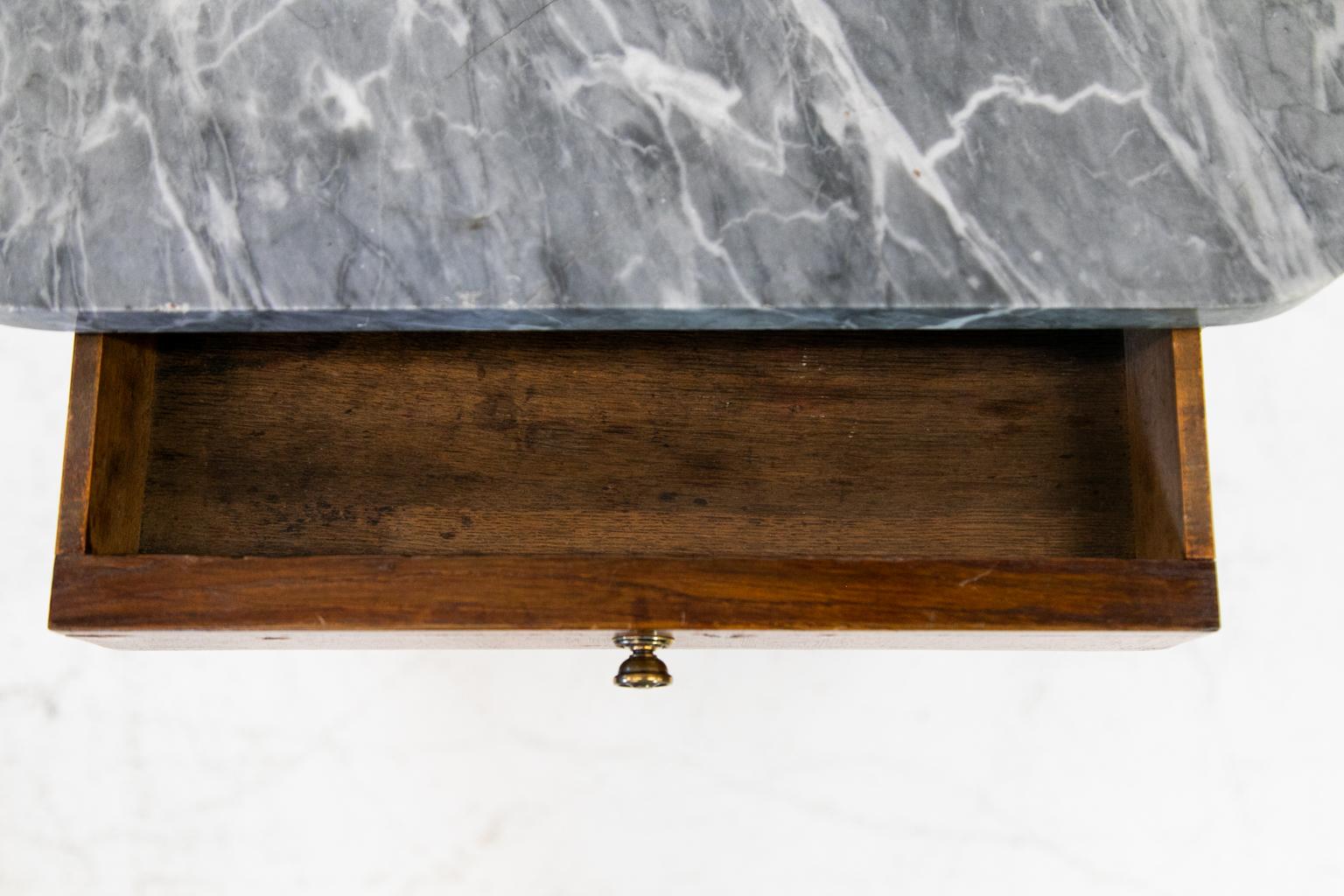 Brass French Inlaid Marble-Top Nightstand