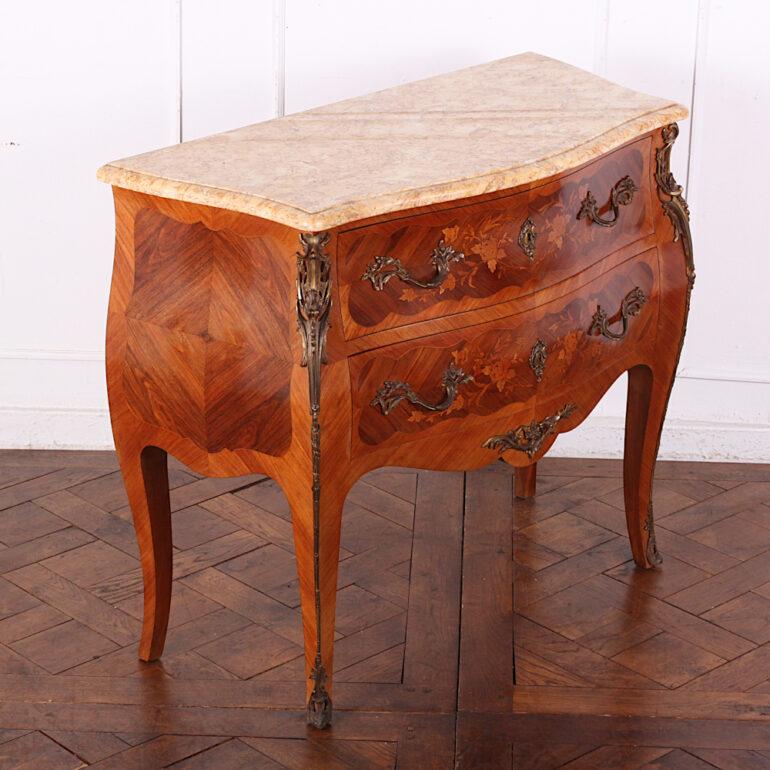 French Inlaid Marquetry Kingwood Bombe Commode with Marble Top 4