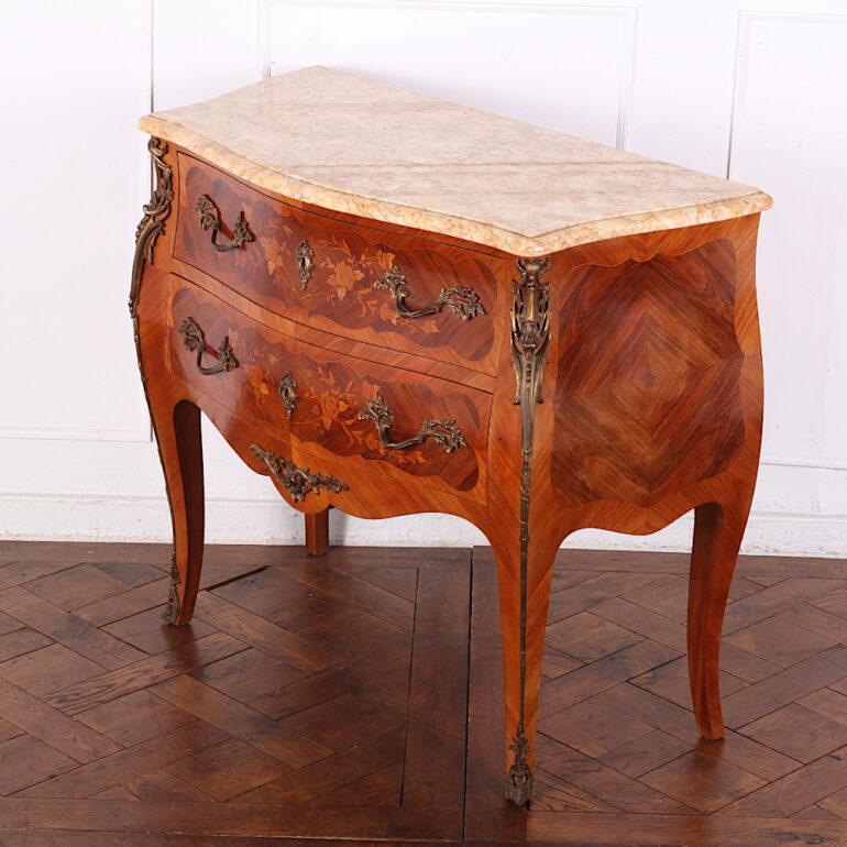 French Inlaid Marquetry Kingwood Bombe Commode with Marble Top 6