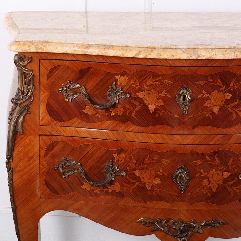 Louis XV French Inlaid Marquetry Kingwood Bombe Commode with Marble Top