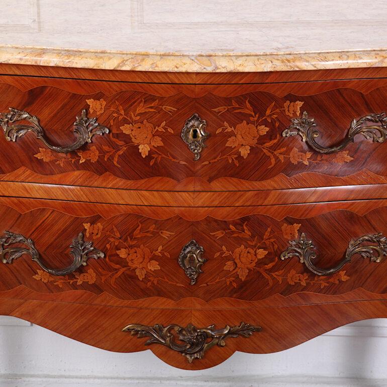 20th Century French Inlaid Marquetry Kingwood Bombe Commode with Marble Top