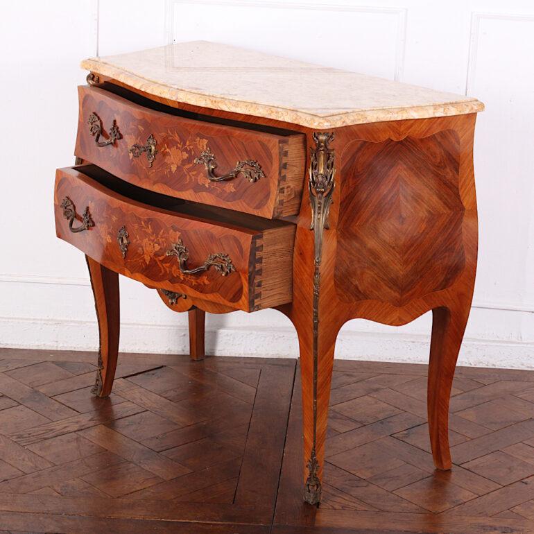 French Inlaid Marquetry Kingwood Bombe Commode with Marble Top 2