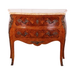 French Inlaid Marquetry Kingwood Bombe Commode with Marble Top