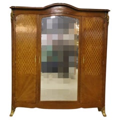 French Inlaid Marquetry Louis XV Style Mirrored Triple Armoire Bronze Ormolu