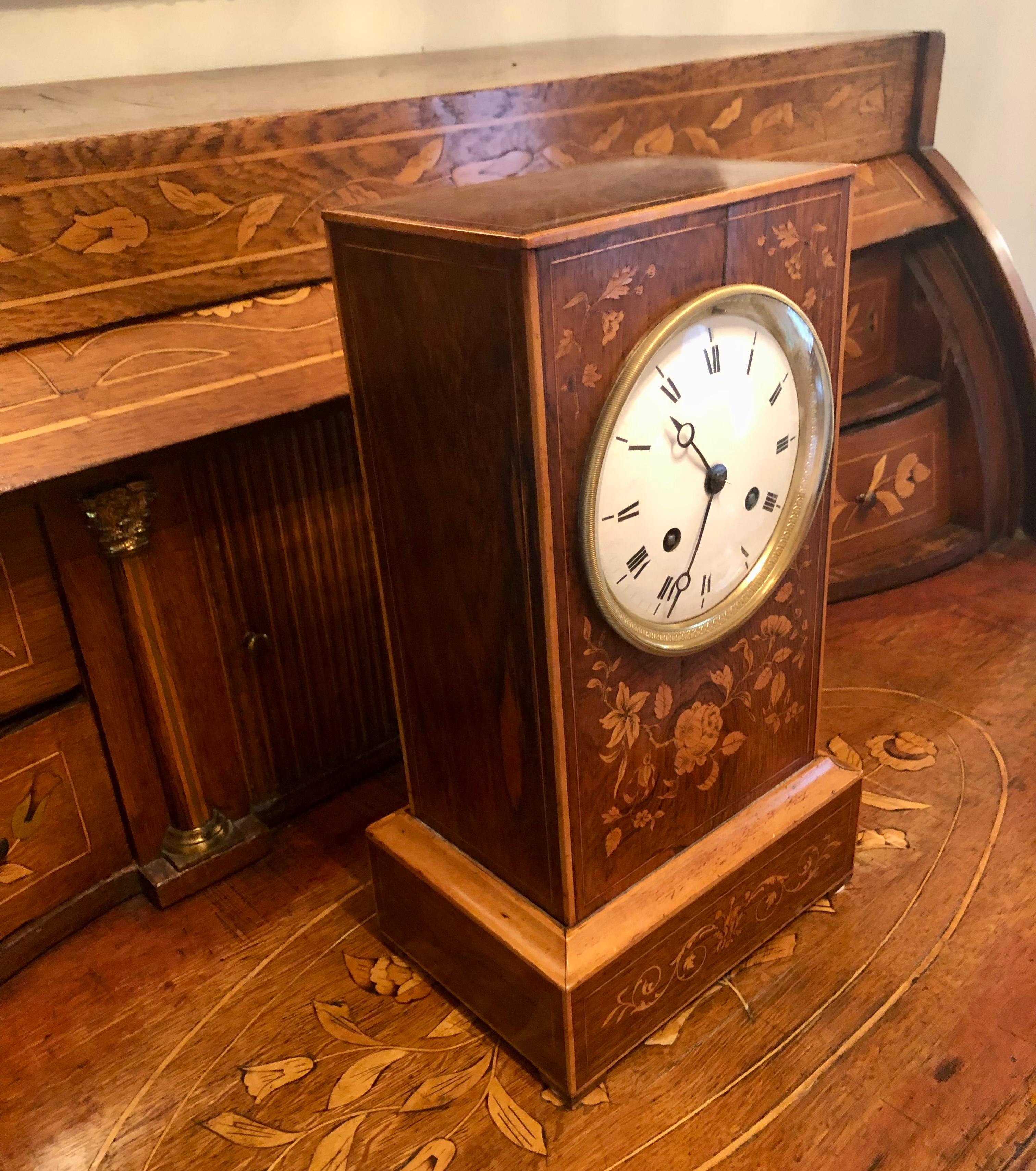 French Inlaid Marquetry Rosewood  Mantle Clock, 1820 For Sale 2