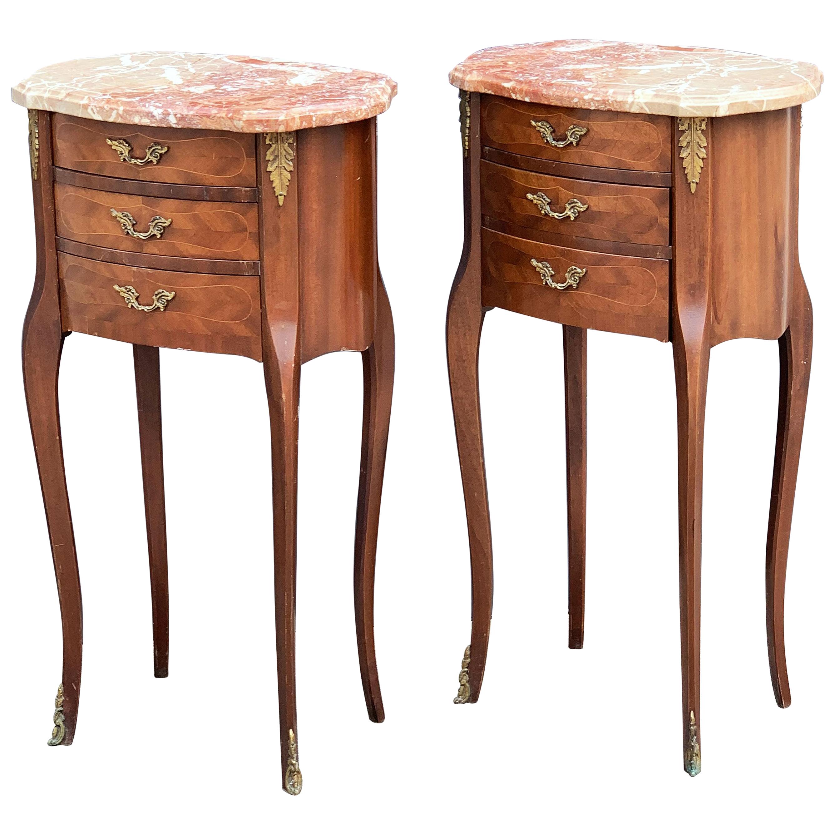 French Nightstands or Bedside Tables with Marble Tops, Individually