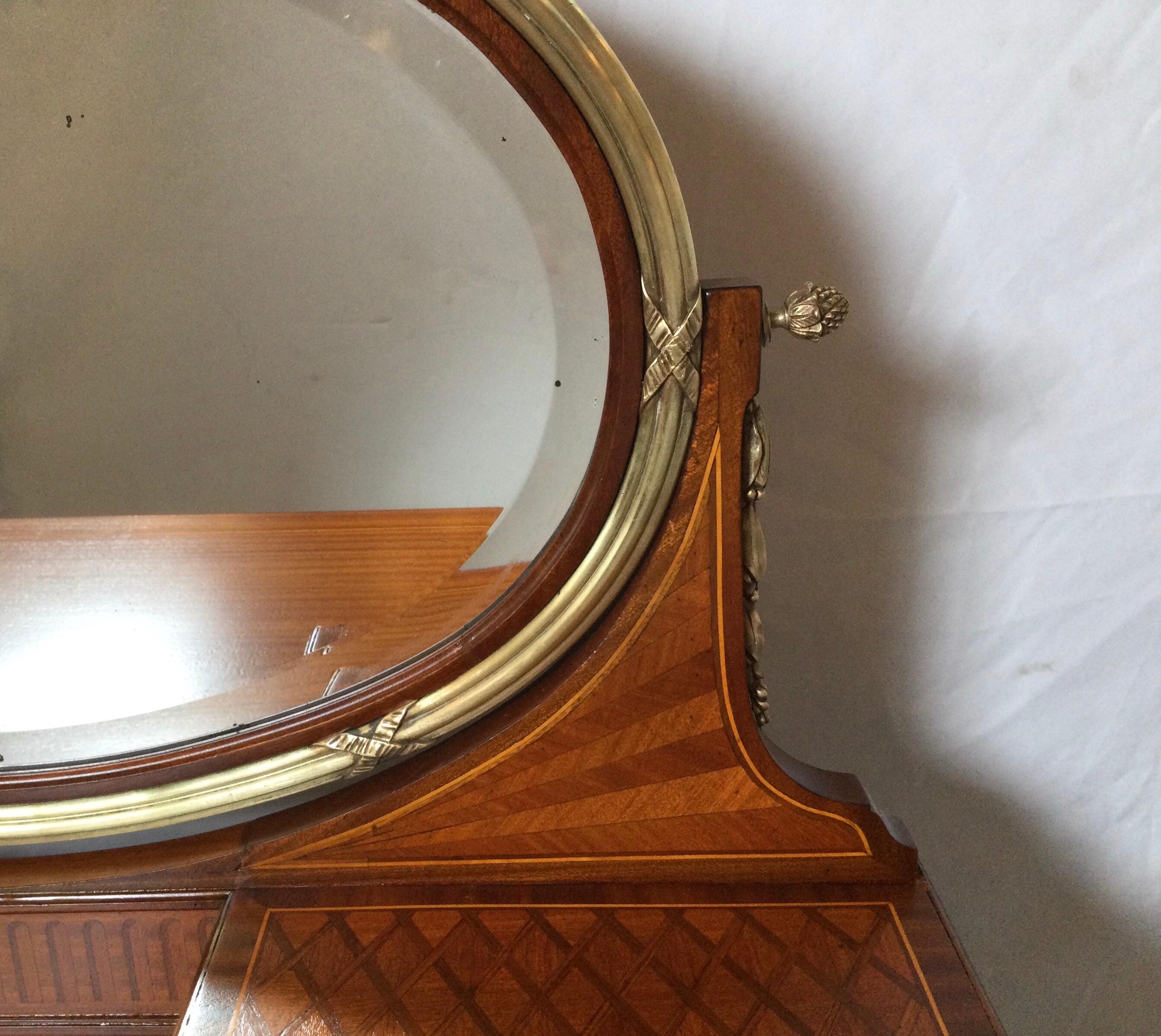 Louis XV French Inlaid Oval Mirror Vanity with Bronze Mounts
