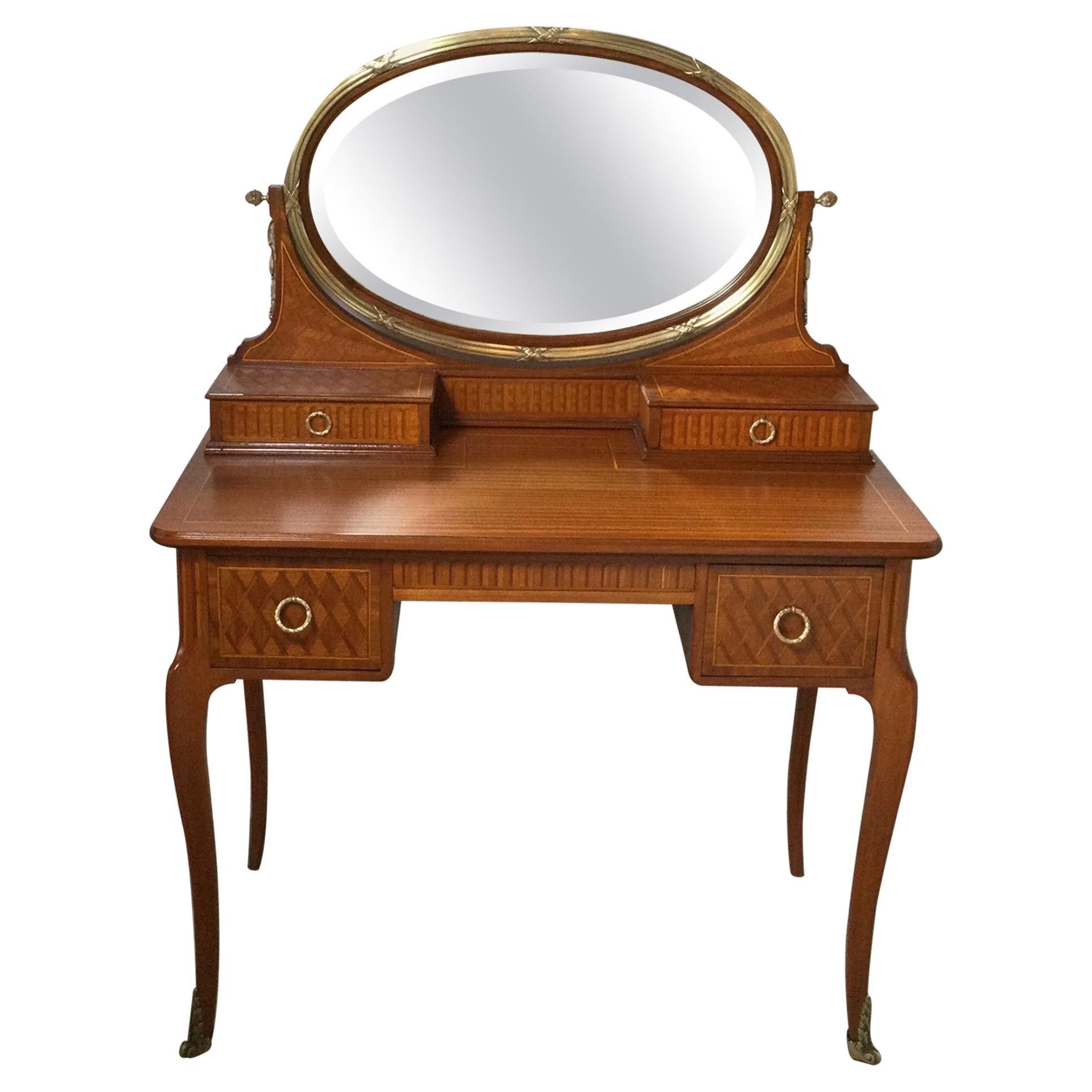 French Inlaid Oval Mirror Vanity with Bronze Mounts