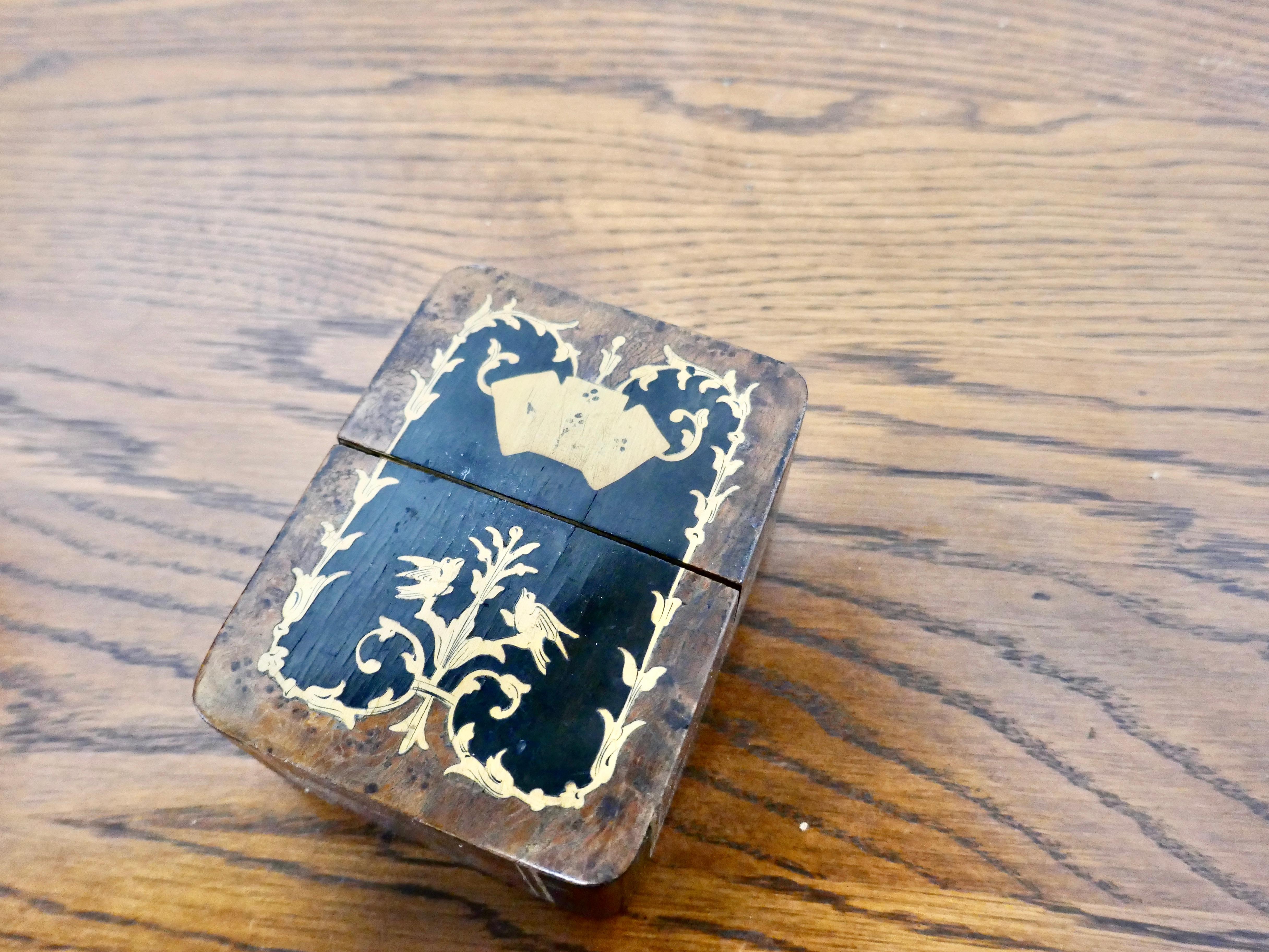 Edwardian French Inlaid Playing Card Box with 2 Packs of Cards