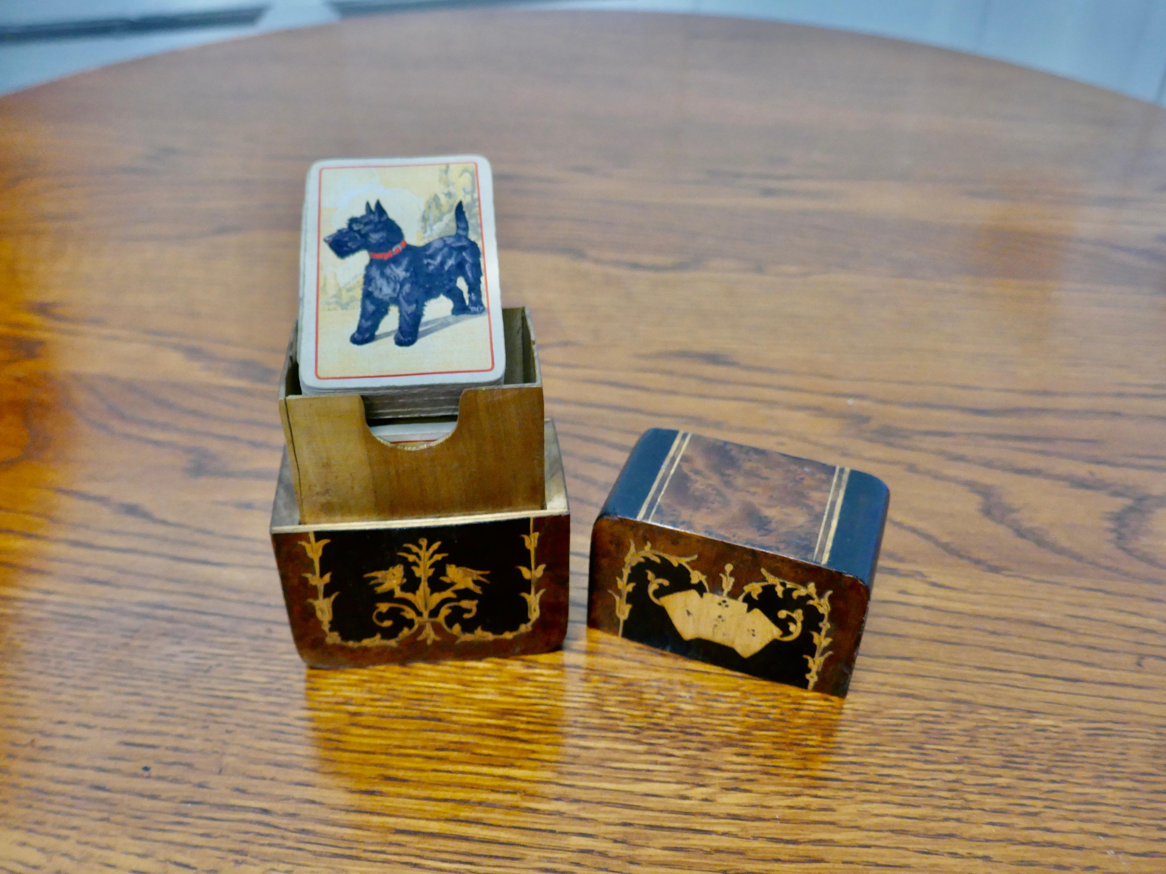 Walnut French Inlaid Playing Card Box with 2 Packs of Cards