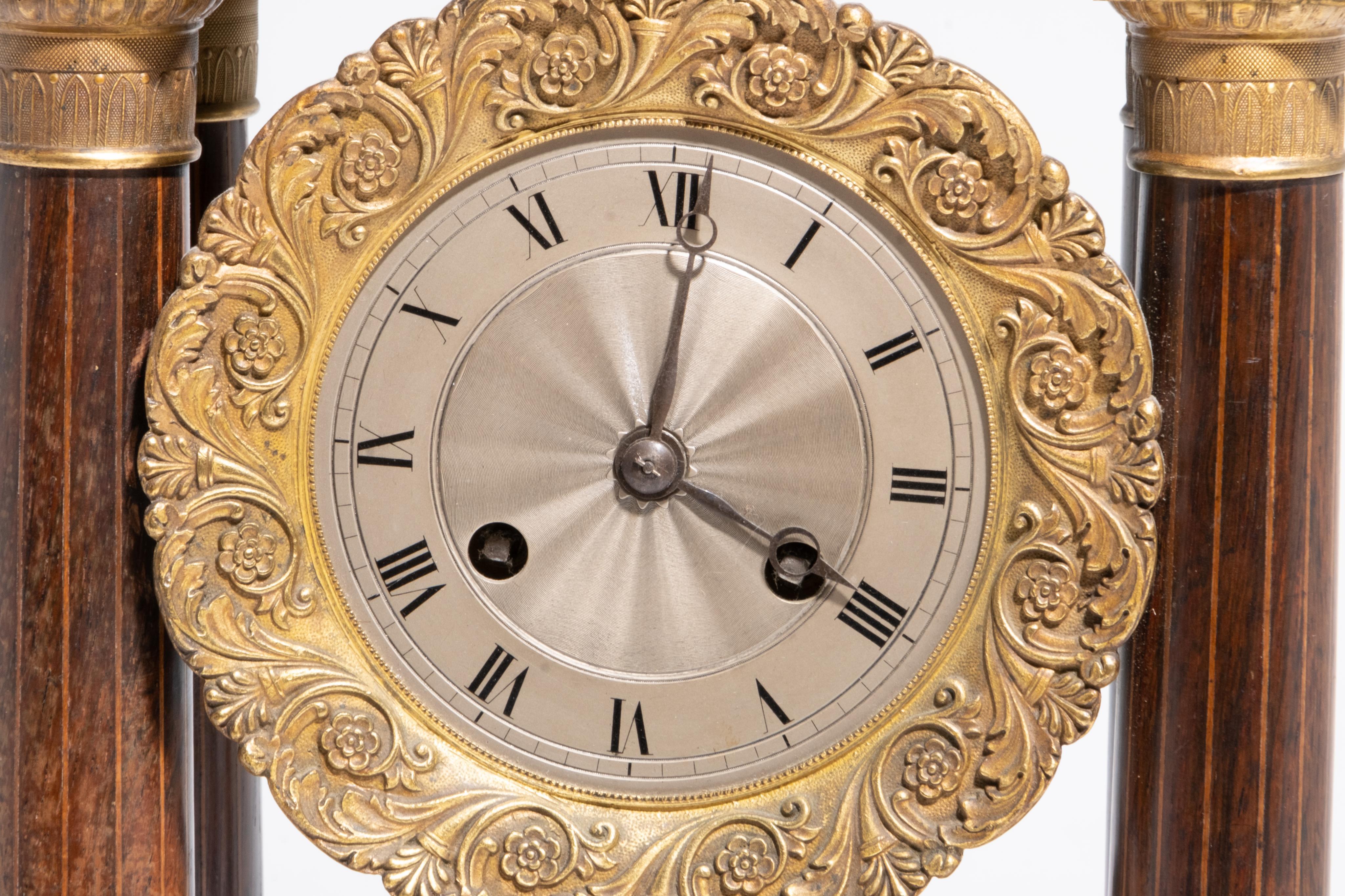 French Inlaid Portico Empire Style Mantle Clock In Good Condition For Sale In Kingston, NY