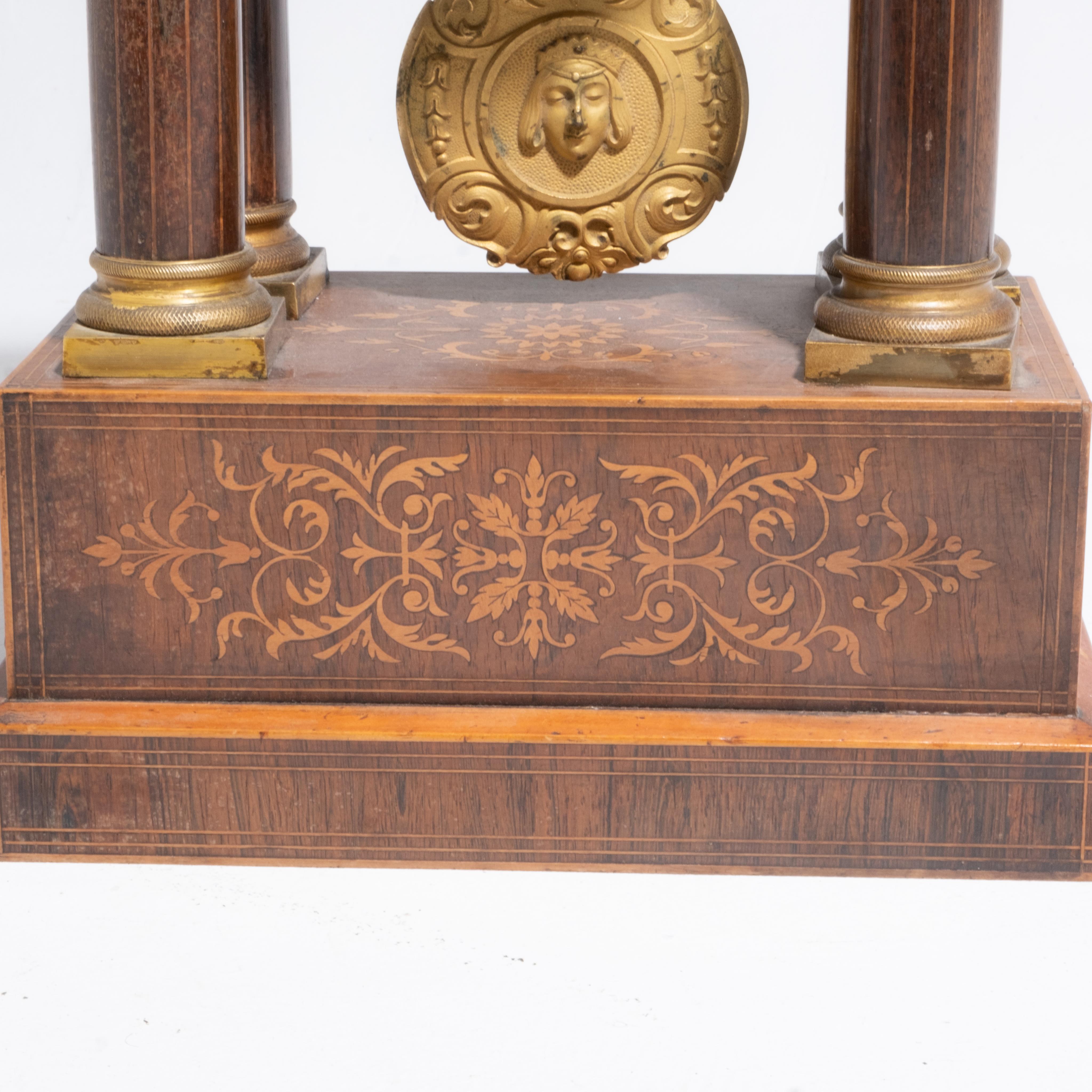 19th Century French Inlaid Portico Empire Style Mantle Clock For Sale
