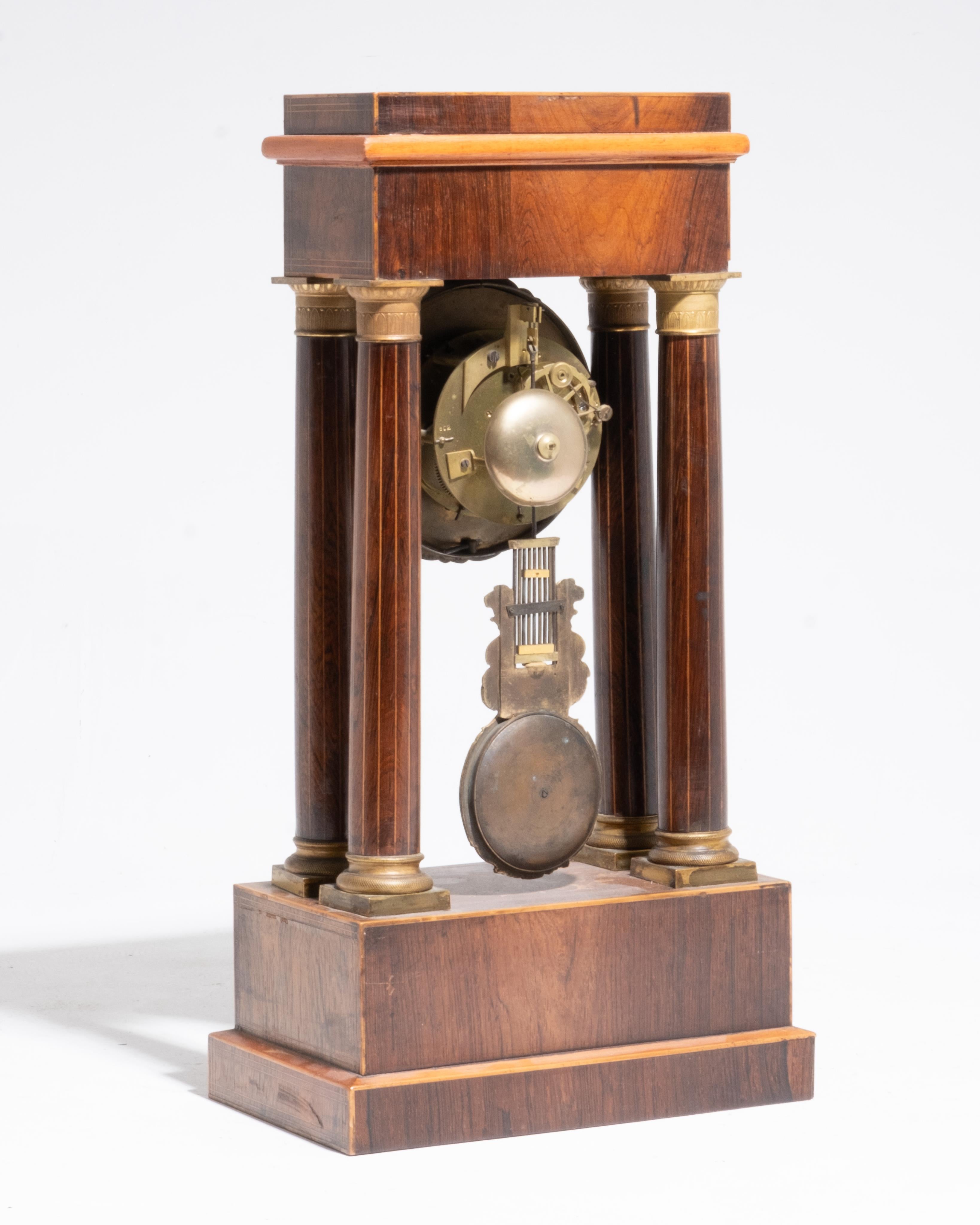 Bronze French Inlaid Portico Empire Style Mantle Clock For Sale