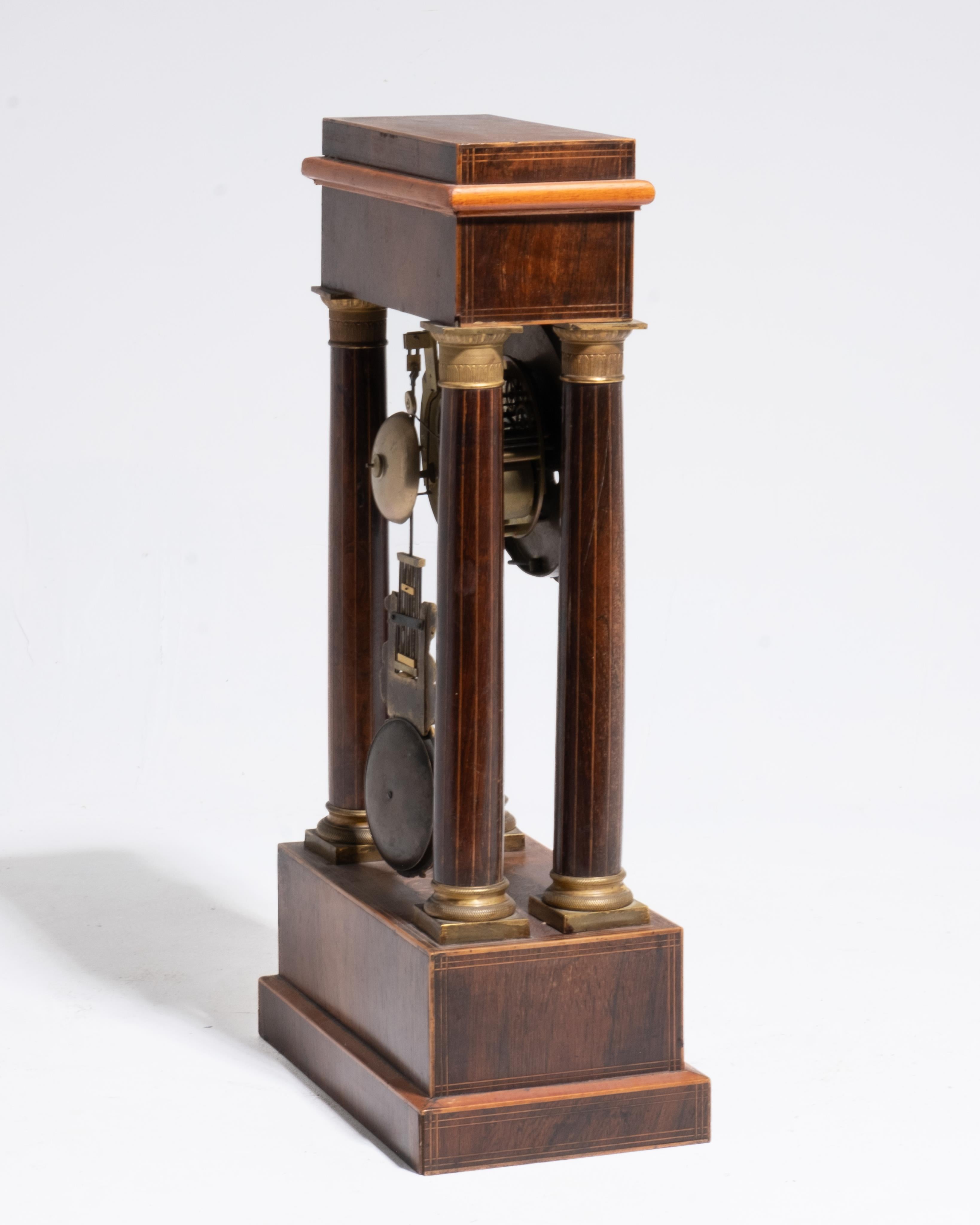French Inlaid Portico Empire Style Mantle Clock For Sale 2