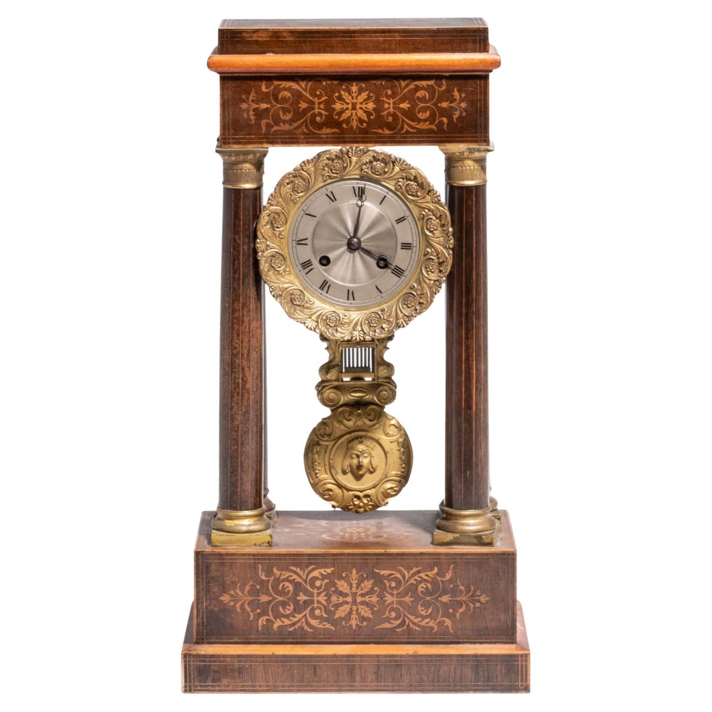 French Inlay Clock French Inlaid Portico Empire Style Mantle Clock For Sale at 1stDibs