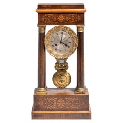 Antique French Inlaid Portico Empire Style Mantle Clock