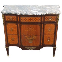 French Inlaid Satinwood Louis XVI Style Inlaid Marble Top Commode