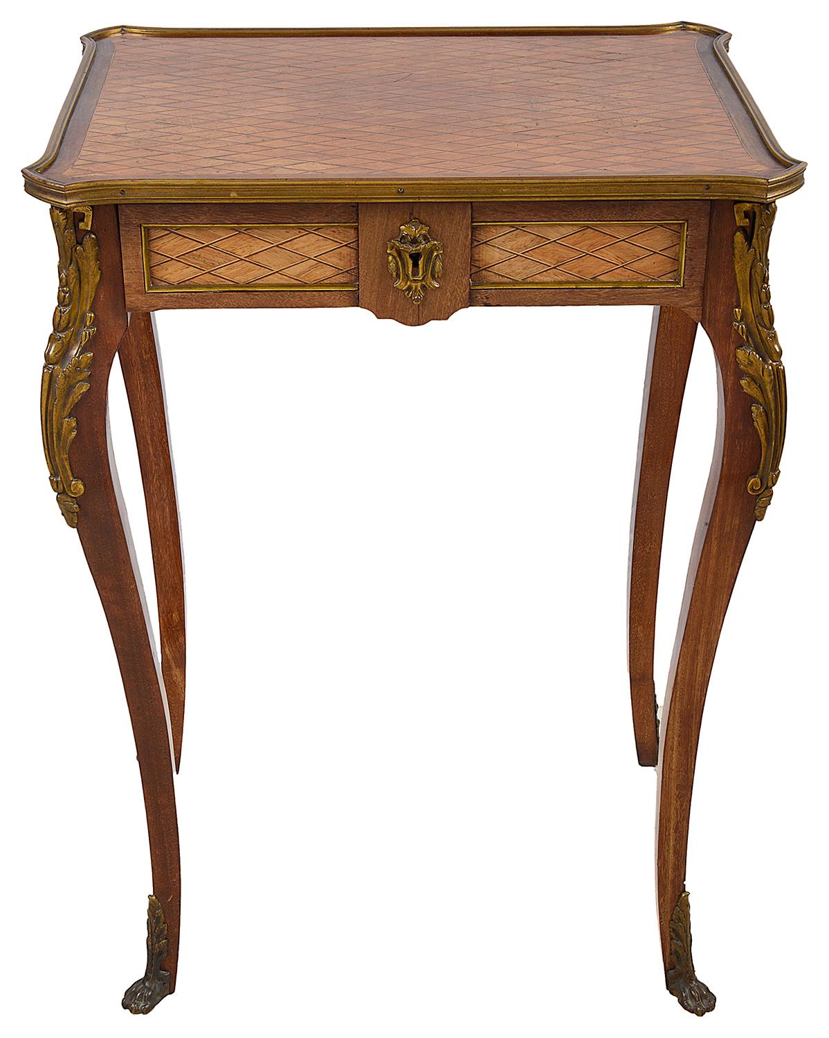 A very good quality late 19th century French Louis XVI style side table, having fine quality parquetry inlaid top and frieze drawer, ormolu mounts and raised on elegant cabriole legs.
