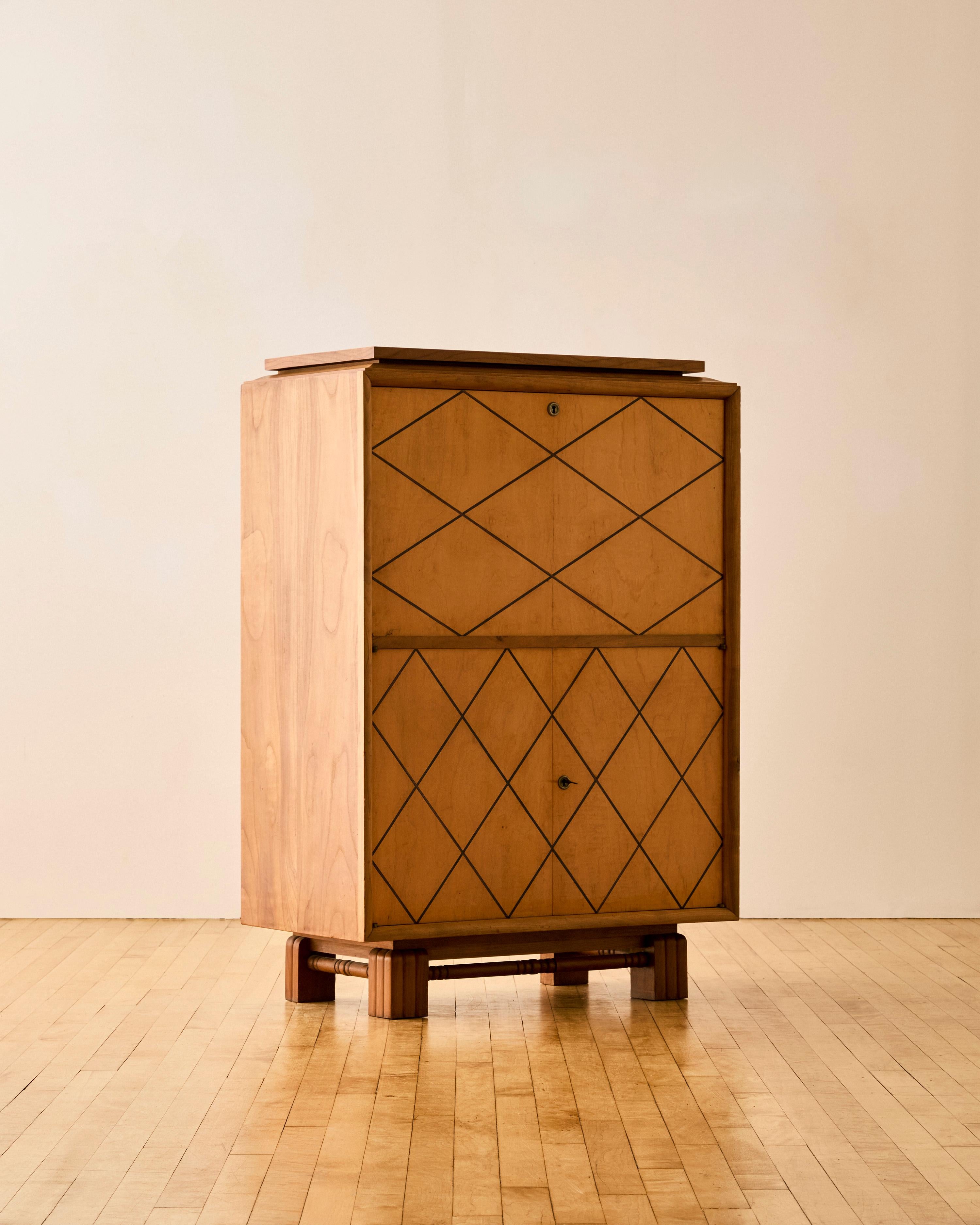 Brass French Inlaid Sycamore Bar Cabinet c. 1935 For Sale
