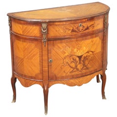 French Inlaid Walnut and Satinwood Demilune Commode with Bronze Ormolu