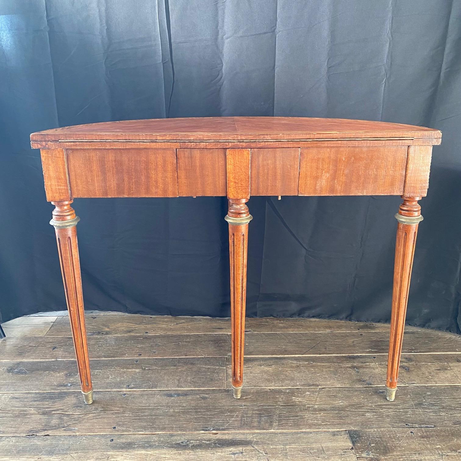 French Inlaid Walnut French Demilune Game Table or Console  For Sale 9