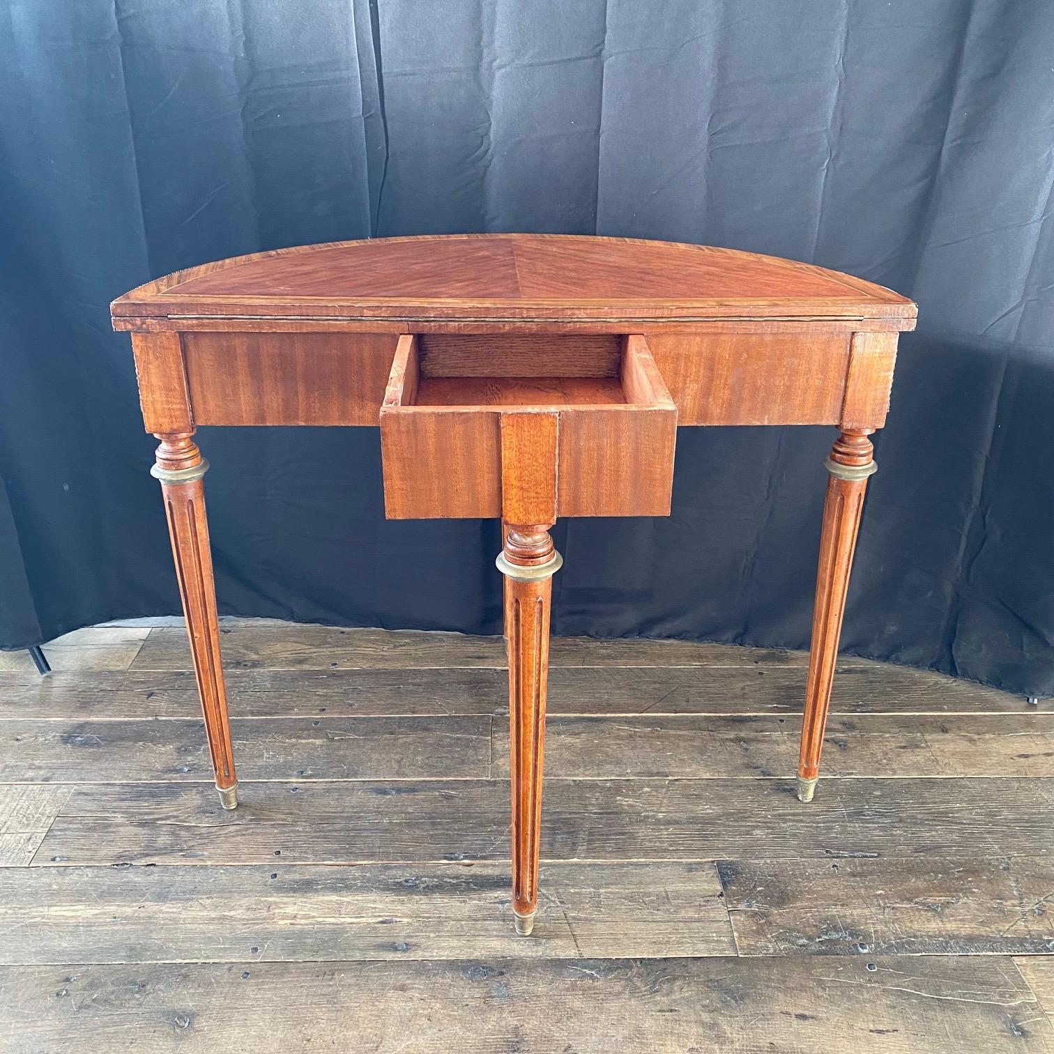20th Century French Inlaid Walnut French Demilune Game Table or Console  For Sale