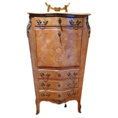 French Inlaid Wood and Bronze with Marble Top Secretaire, 19th Century