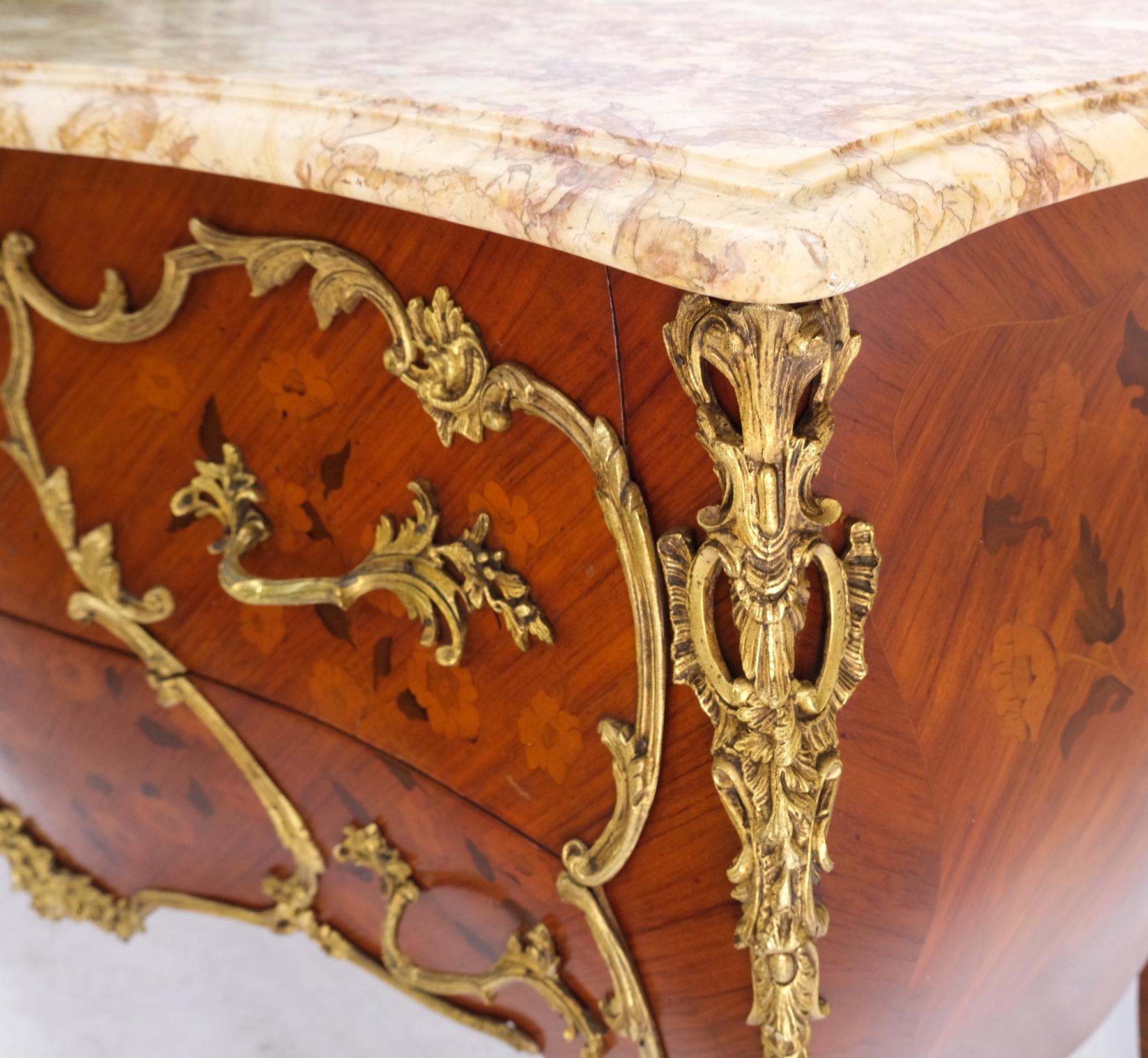 French Inlay Brass Ormolu Bombay Dresser Console Cabinet Chest Marble Top In Good Condition For Sale In Rockaway, NJ