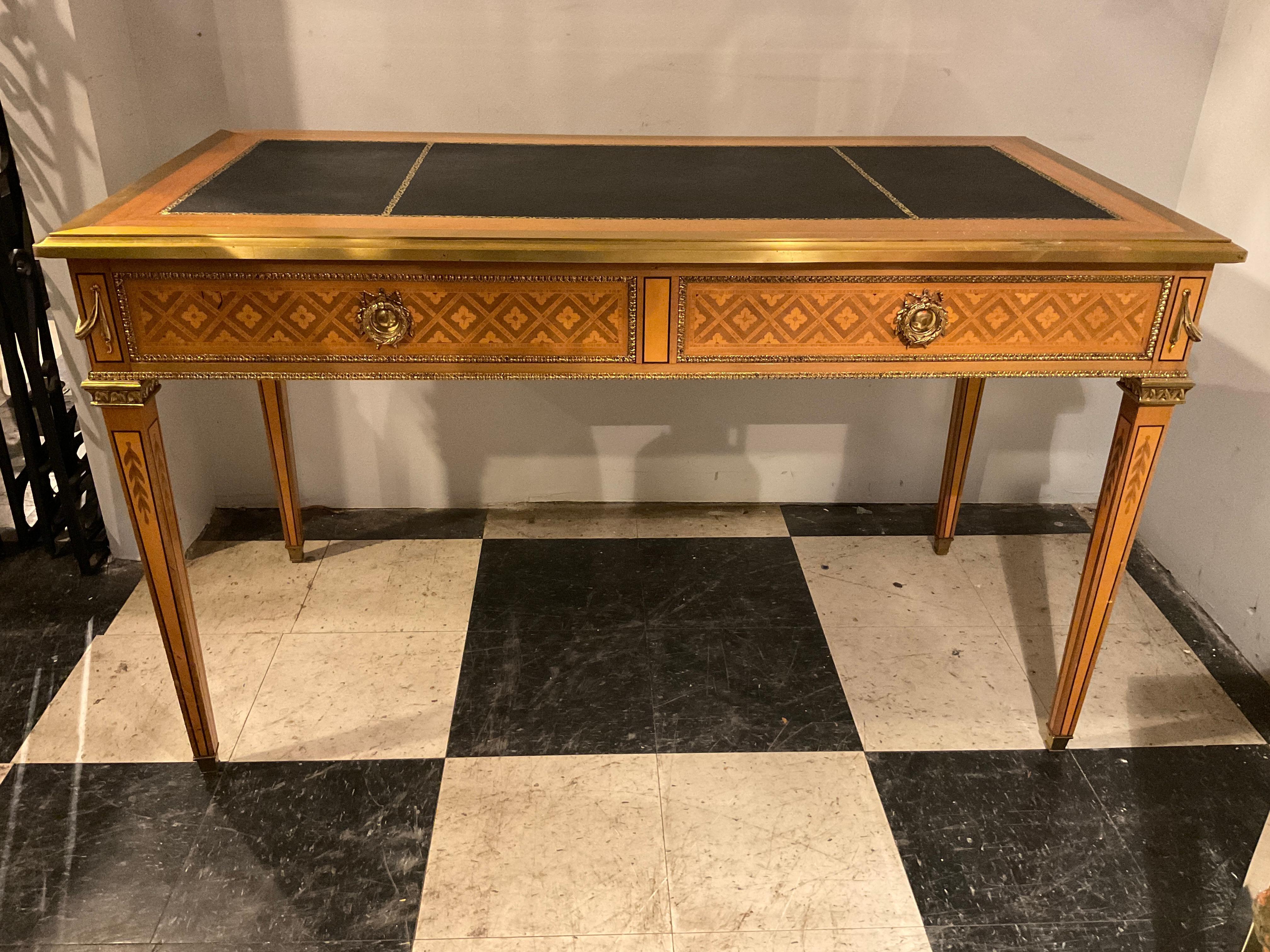 Late 20th Century French Inlay Leather Top Desk, Finished On Both Sides For Sale