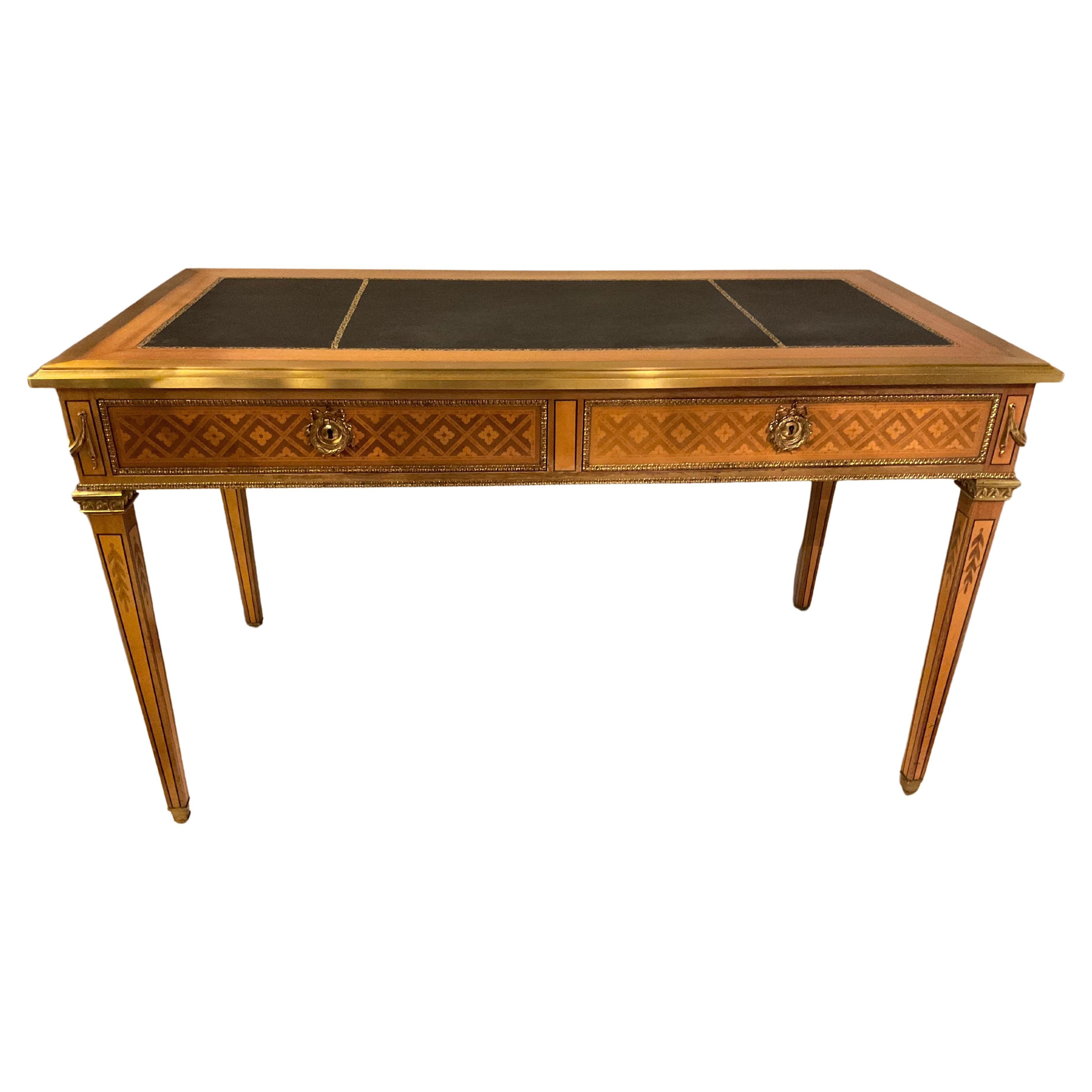 French Inlay Leather Top Desk, Finished On Both Sides For Sale