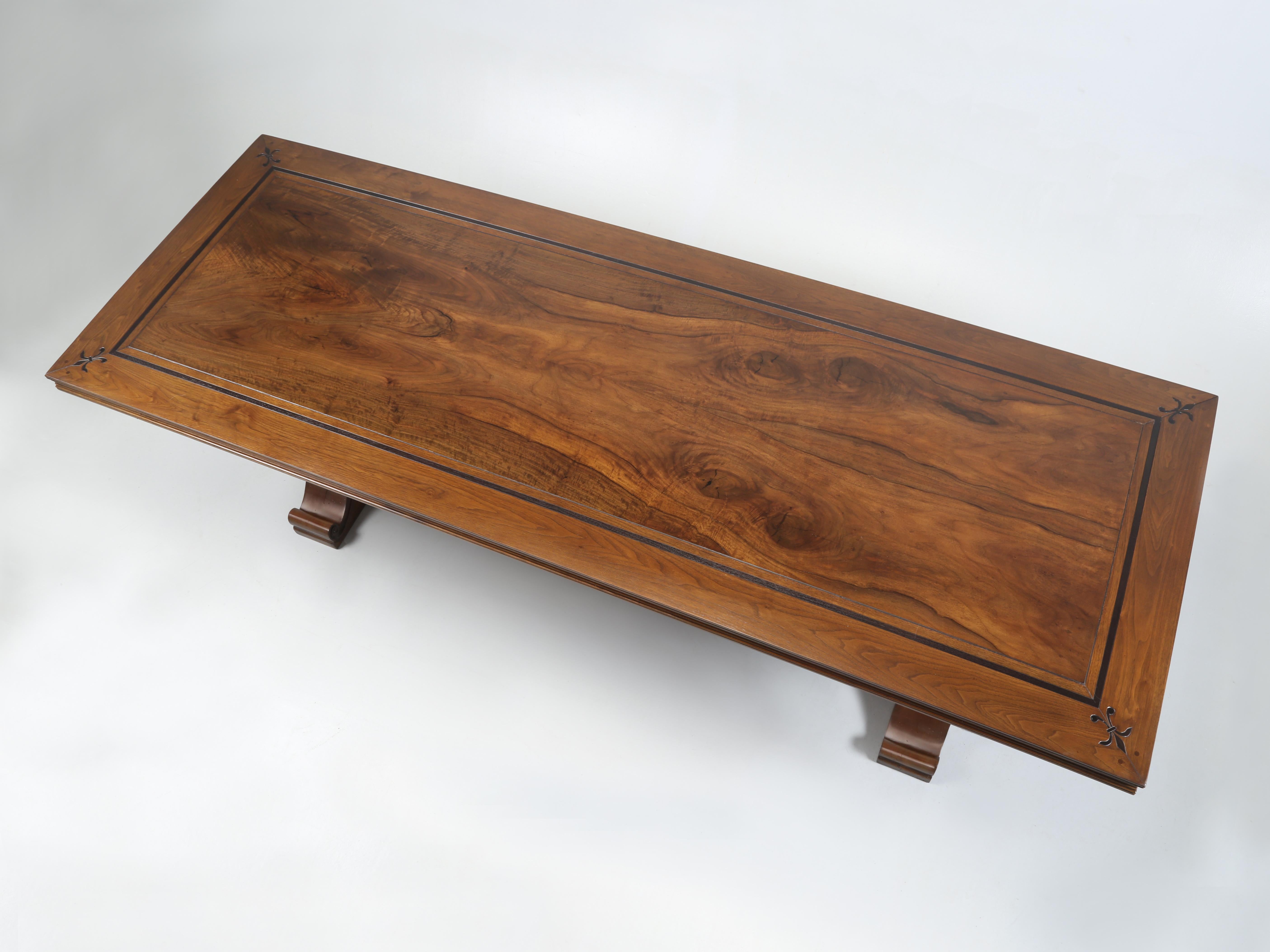 French inspired Walnut Trestle Style Dining Table hand-made to order in our Chicago workshop to your exact specifications. You can chose the wood species and this one happens to be made from a very rare figured walnut that was book-matched. There