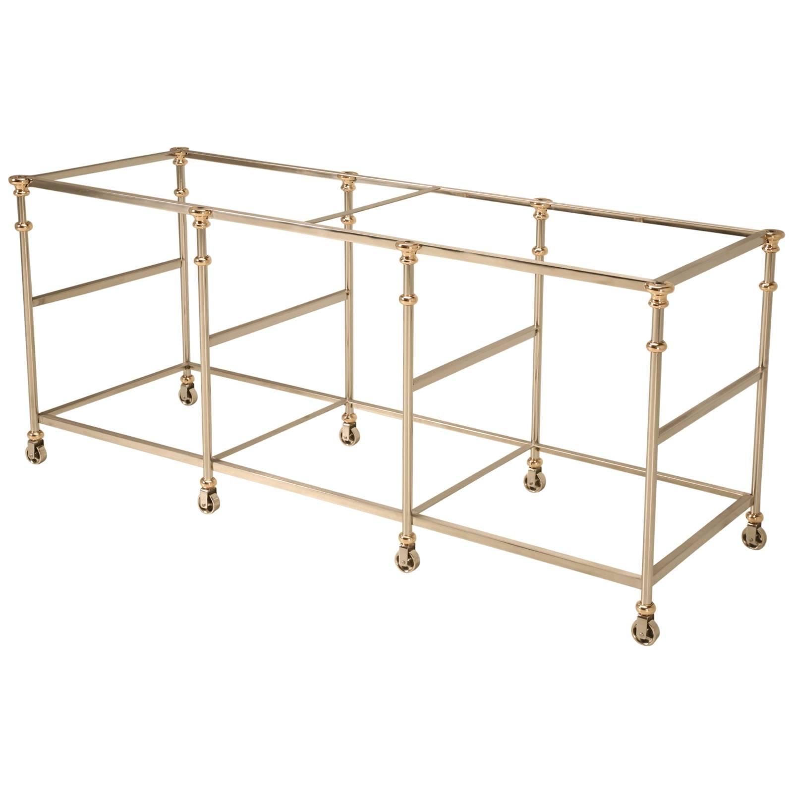 French Inspired Kitchen Island Frame, Stainless and Brass Available in Any Size For Sale
