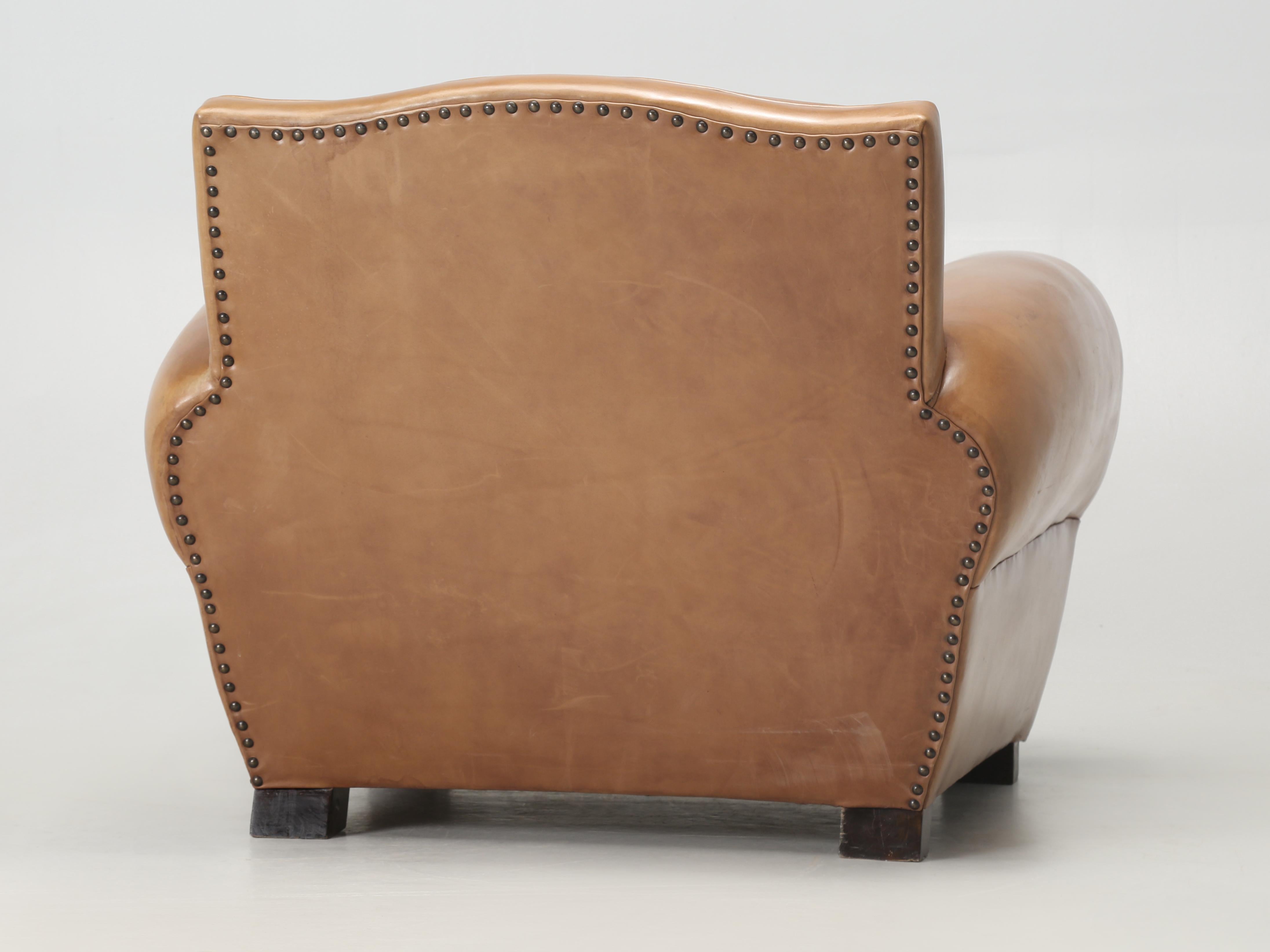 French Inspired Leather Club Chair with Ottoman Traditional Horsehair and Down For Sale 4