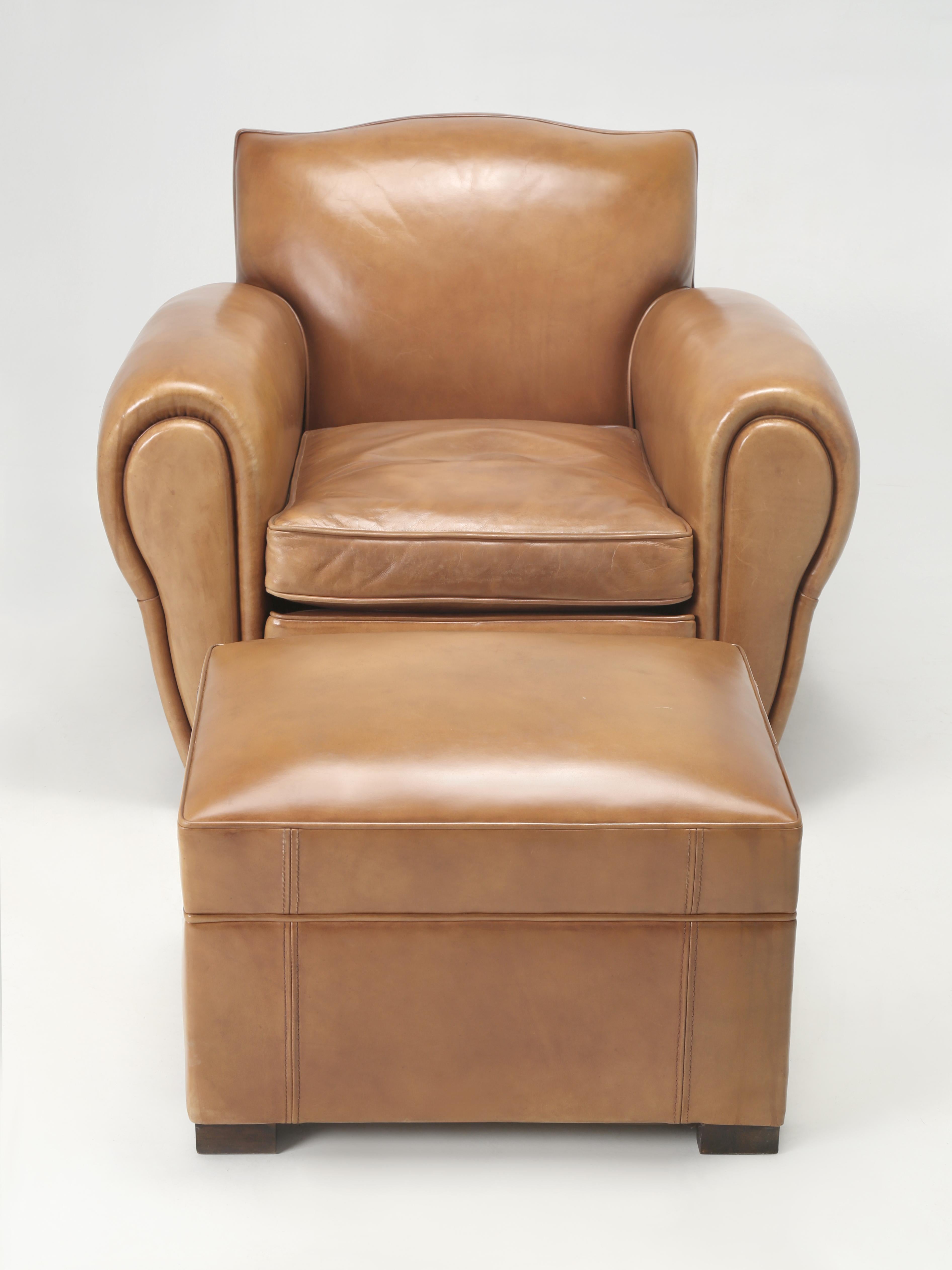 Our French inspired Leather Club Chair with matching Leather Ottoman was not made in France, but rather Hong Kong and was crafted with a traditional solid wood frame, hand-tied conical springs on jute webbing. The Leather for our Club Chair was