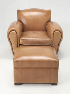 French Inspired Leather Club Chair with Ottoman Traditional Horsehair and Down