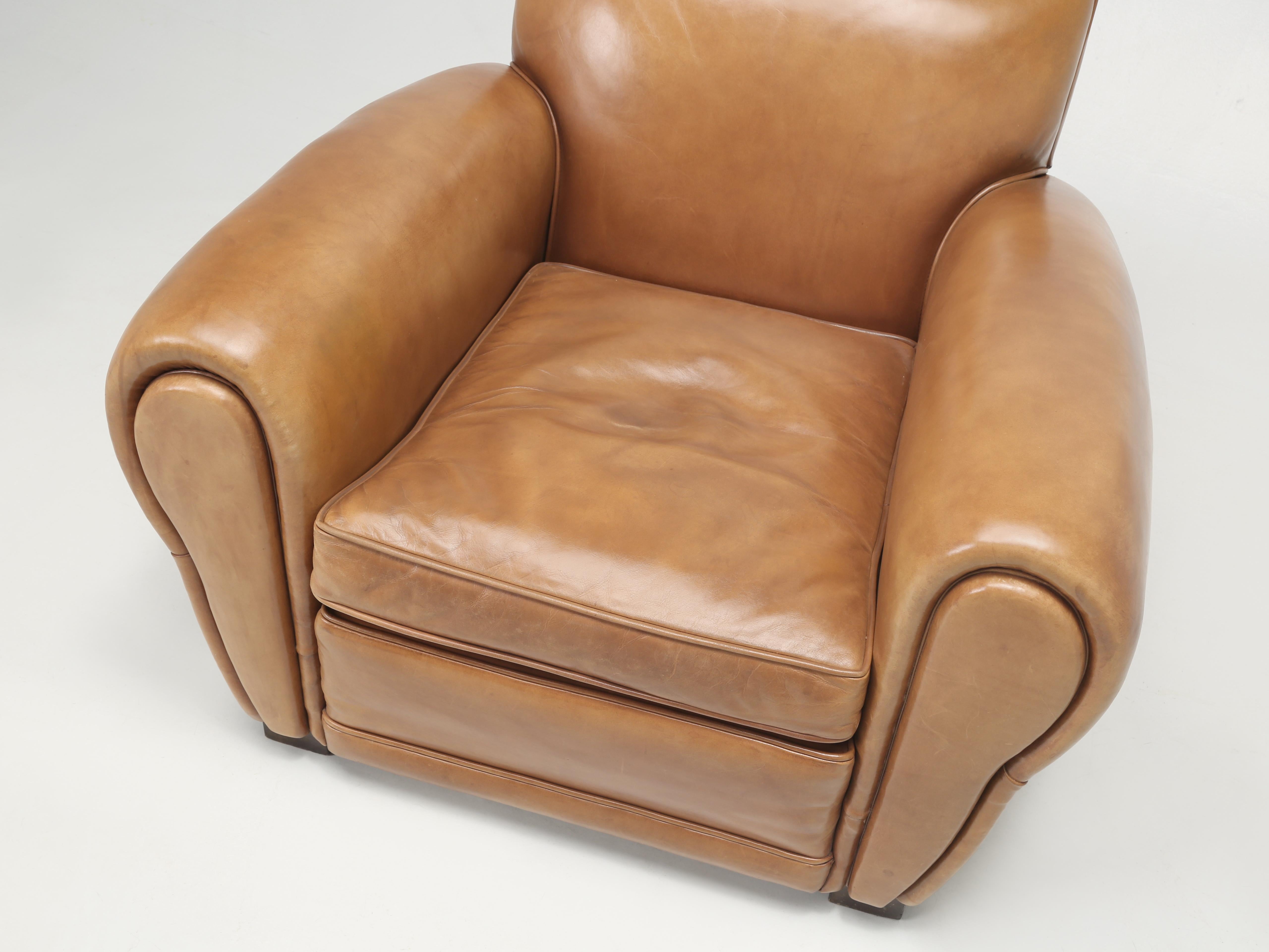 Hand-Crafted French Inspired Leather Club Chair with Ottoman Traditional Horsehair and Down For Sale