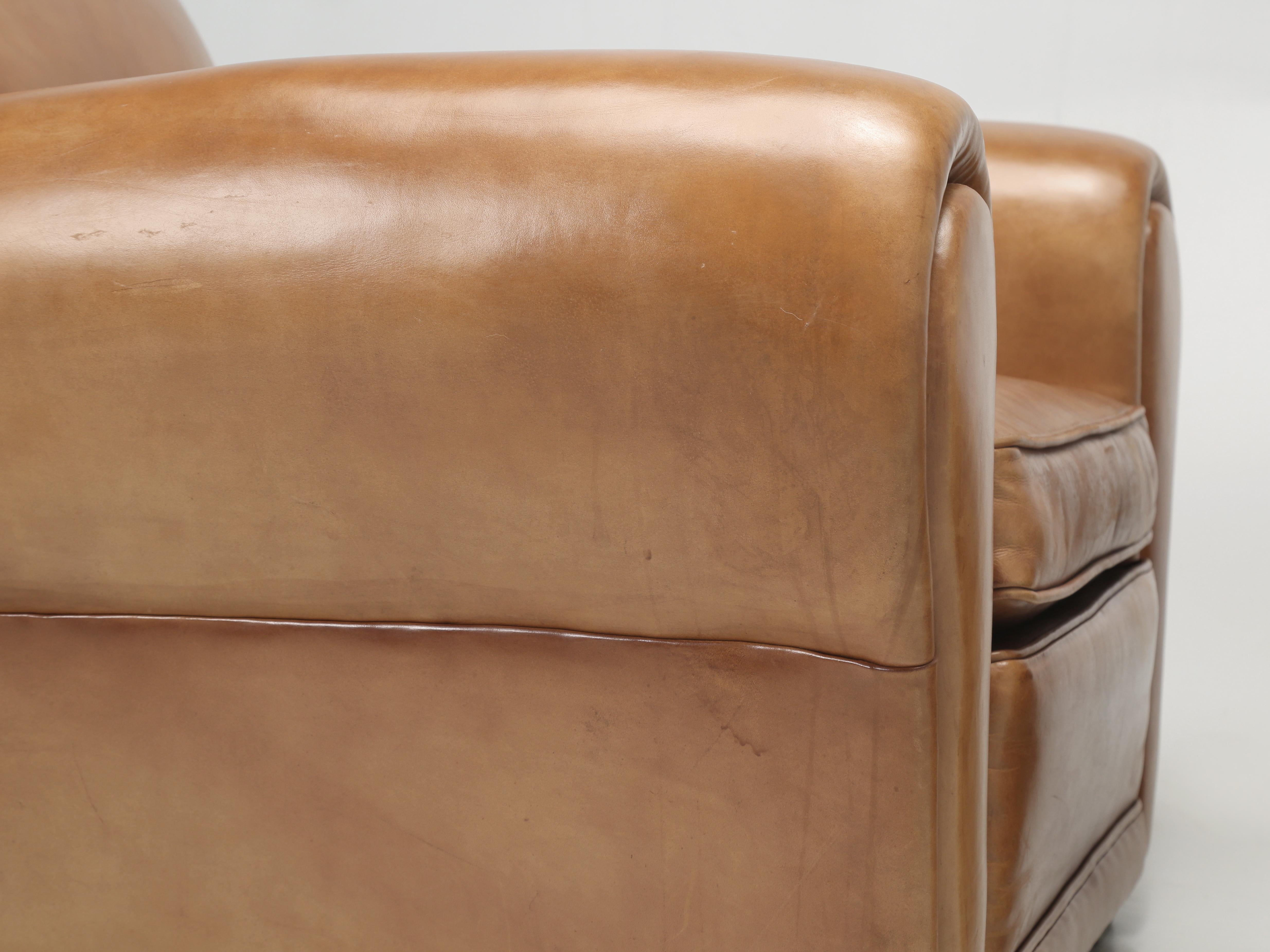 Contemporary French Inspired Leather Club Chair with Ottoman Traditional Horsehair and Down For Sale