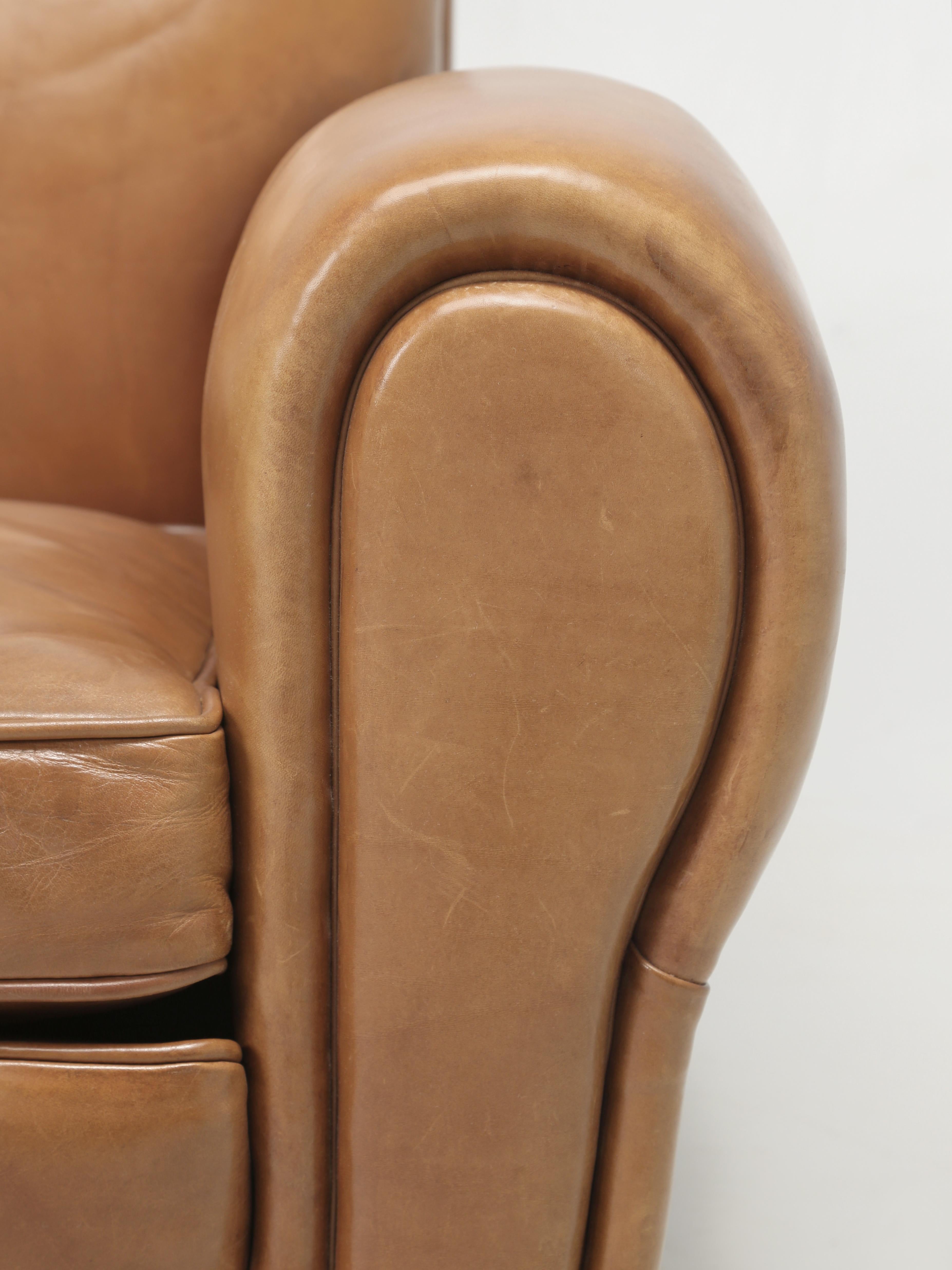 Contemporary French Inspired Leather Club Chair with Ottoman Traditional Horsehair and Down For Sale