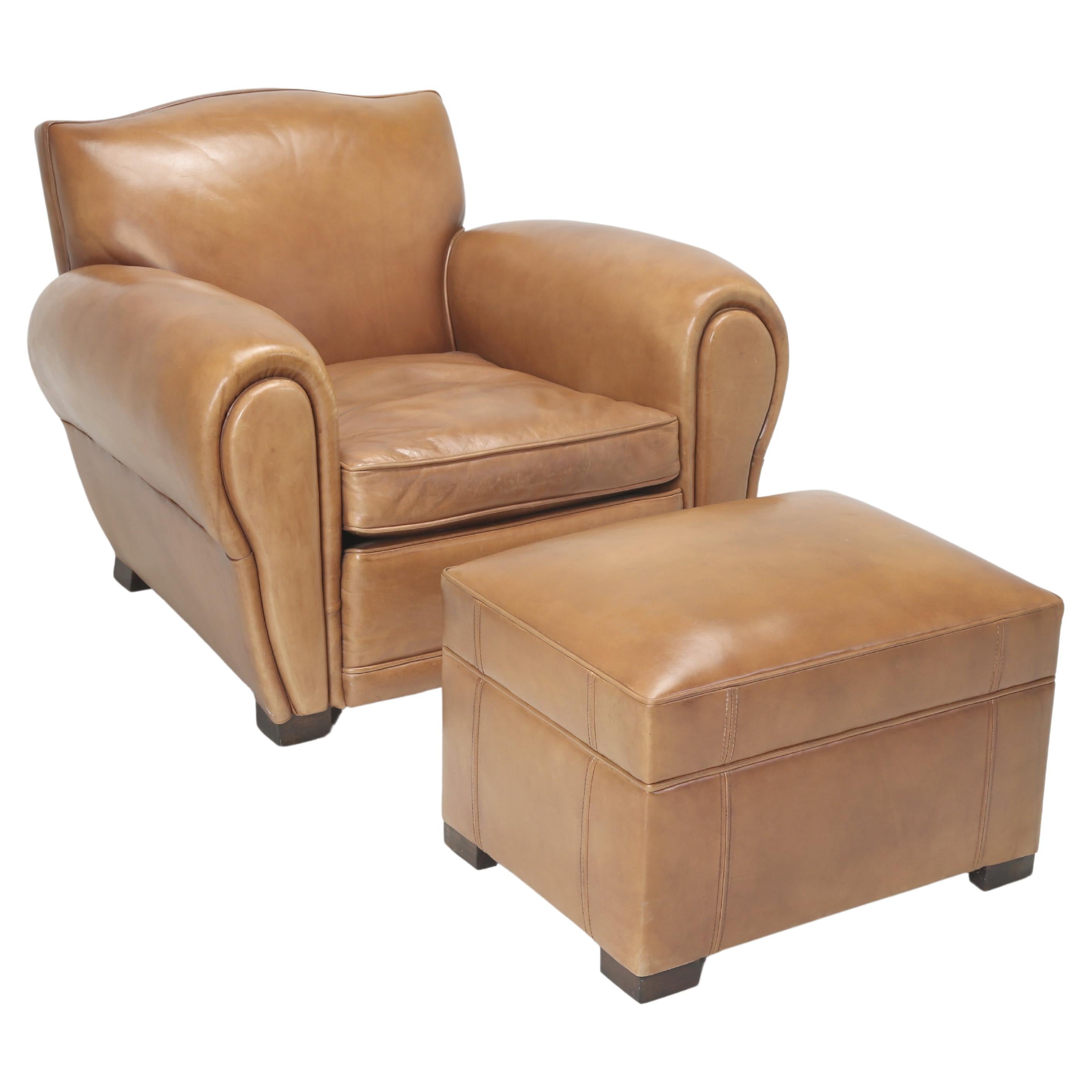 French Inspired Leather Club Chair with Ottoman Traditional Horsehair and Down For Sale