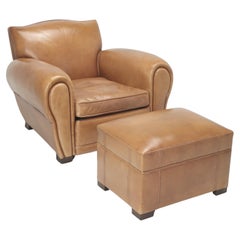 Used French Inspired Leather Club Chair with Ottoman Traditional Horsehair and Down